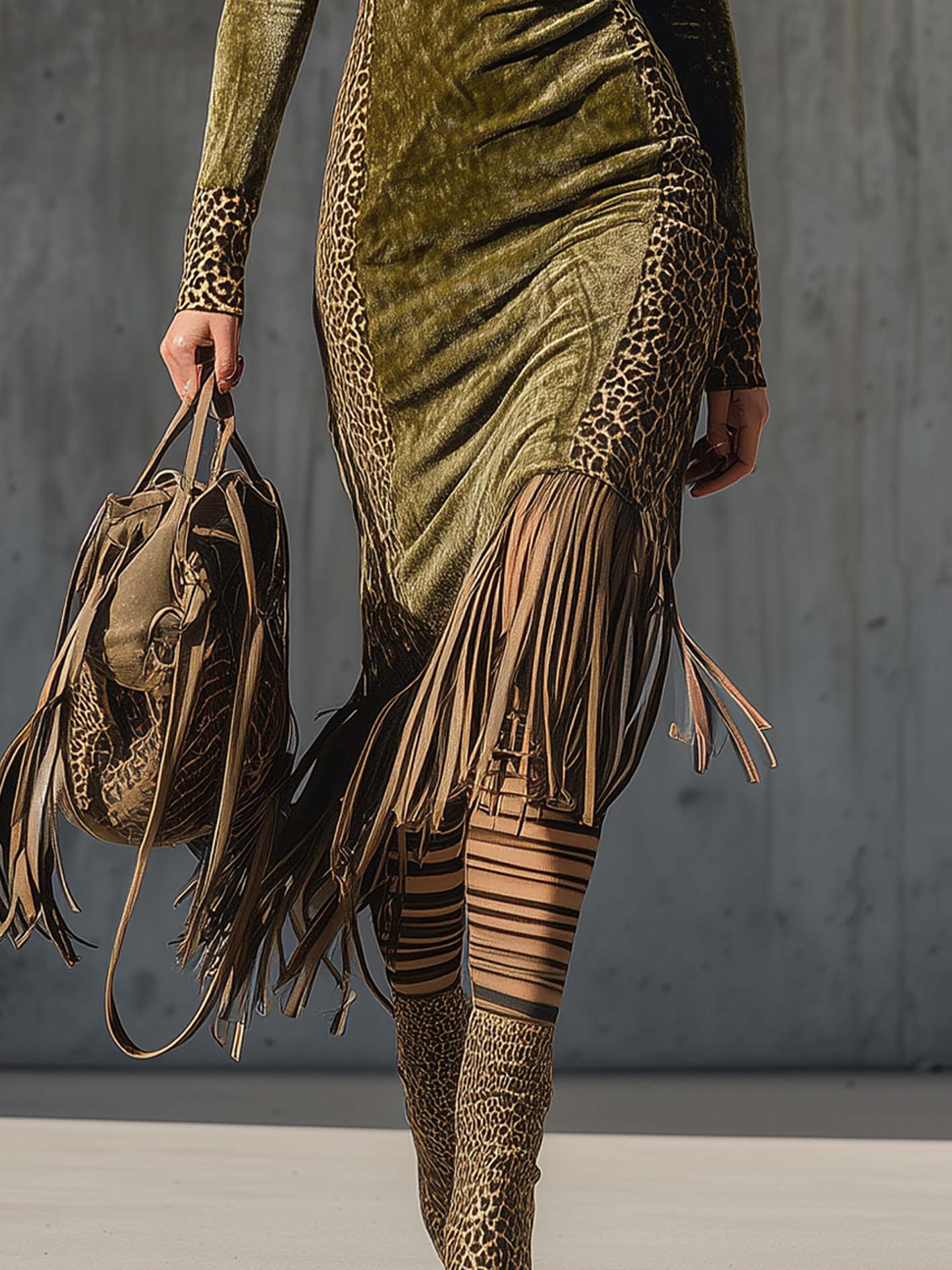 Olive Green Velvet Leopard Patchwork Fringe Bodycon Dress