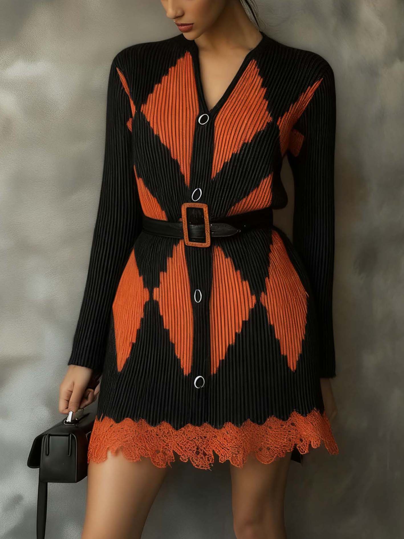 Black Knitted Mini Dress With Belt And Diamond Pattern And Lace