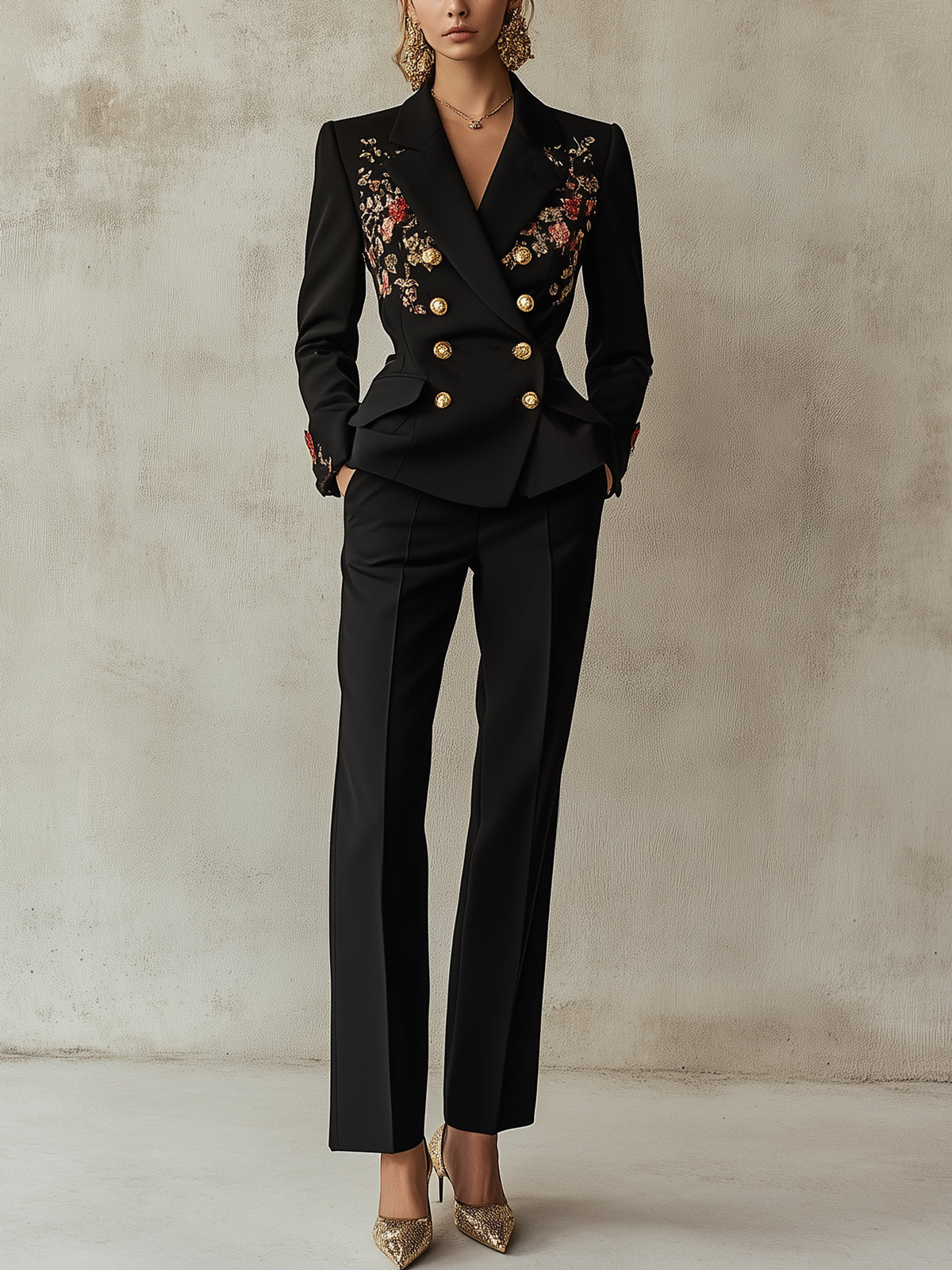 Black Double Breasted Blazer With Floral Embroidery And Gold Buttons Suit