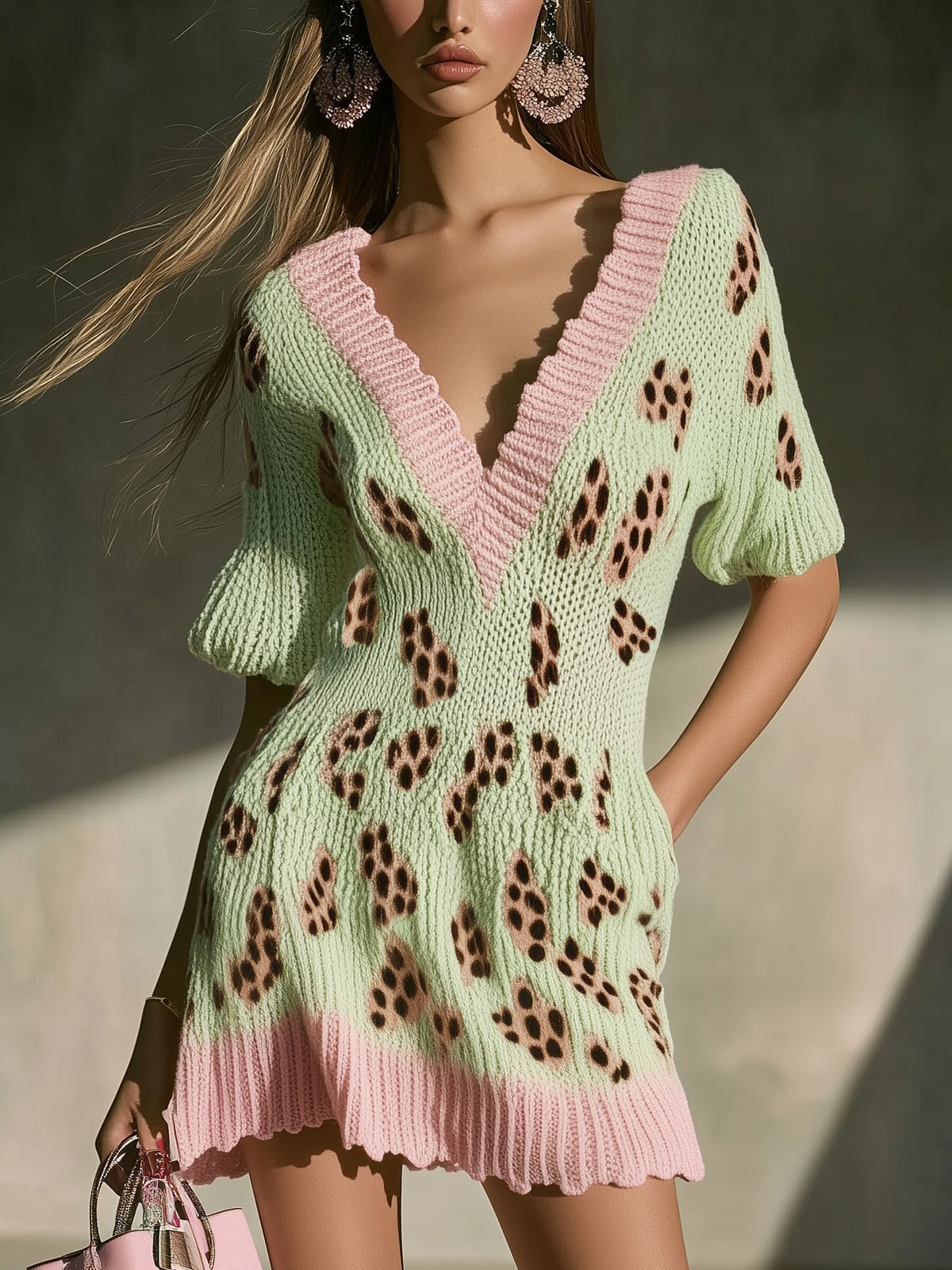 Green And Pink Leopard Print Knit Mini Dress