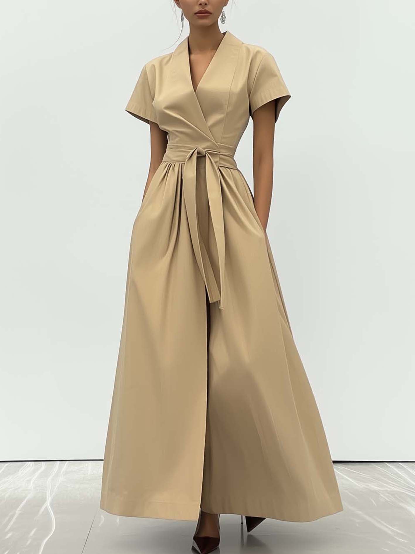 Simple Khaki Maxi Dress With Belt