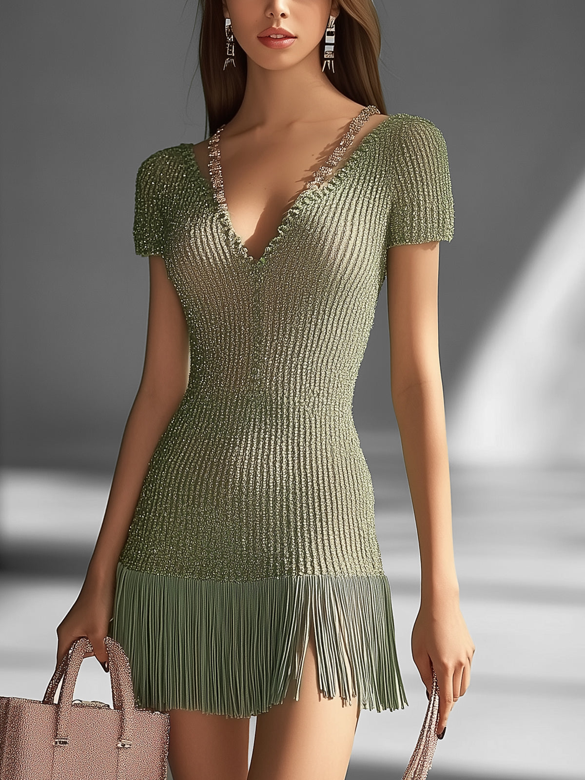 Olive Ribbed Knit Mini Dress With Fringe Hem