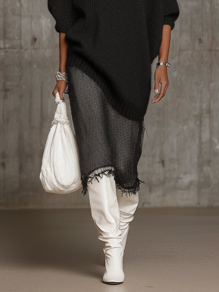 Gray Knit Oversized Sweater And Tulle Knit Midi Skirt Set