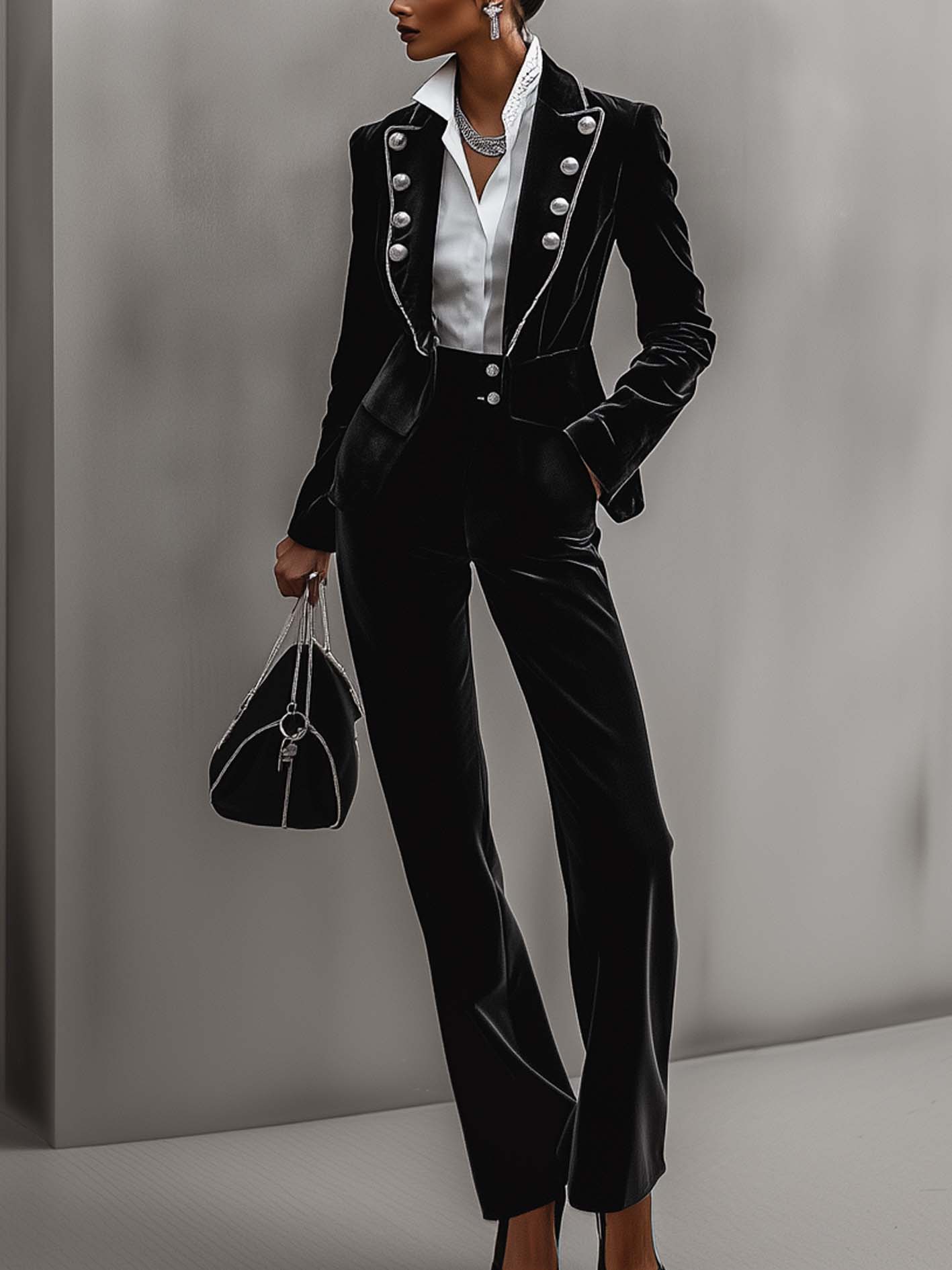 Black Velvet Suit With Silver Buttons And Trim
