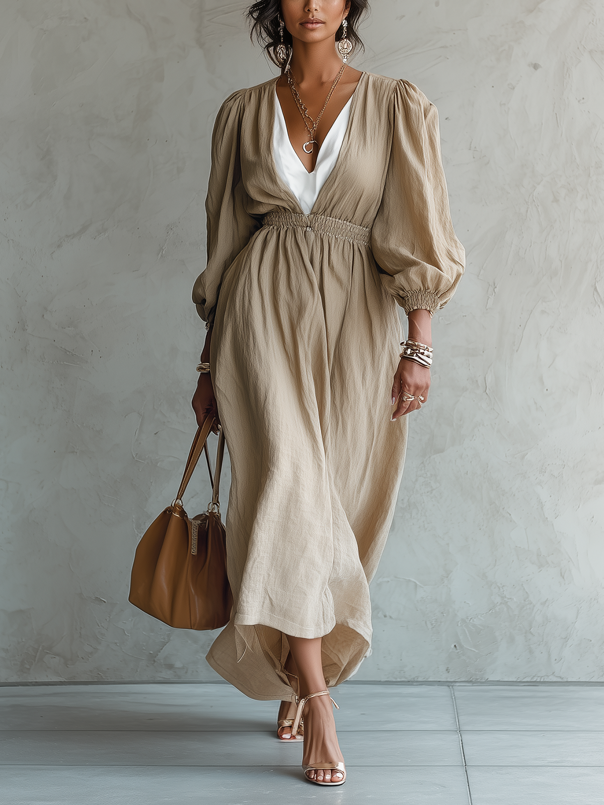 Beige V-Neck Long-Sleeve Smocked Waist Maxi Dress