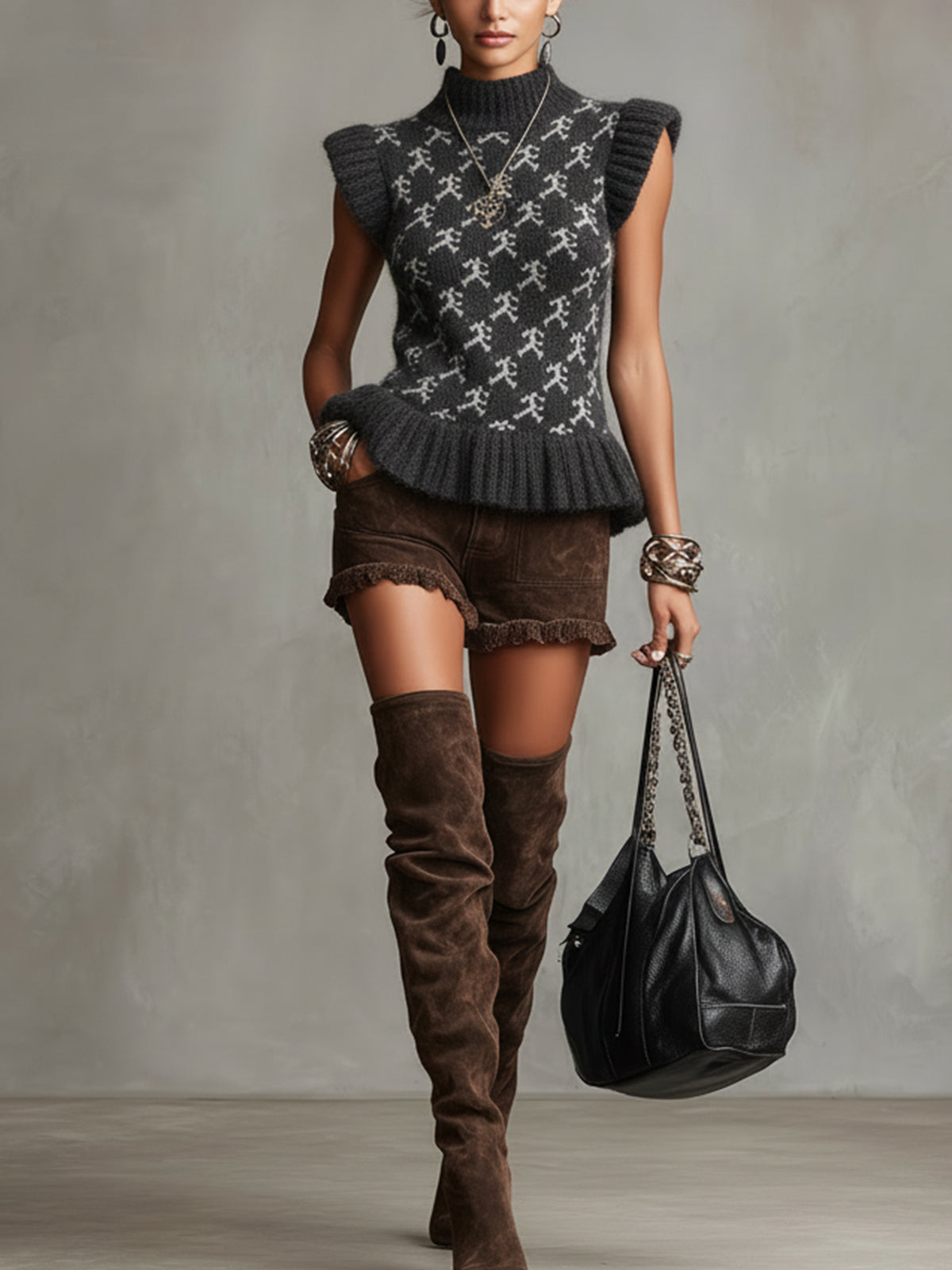 Gray Knit Sleeveless Turtleneck Sweater With Cream Pattern And Ribbed Hem