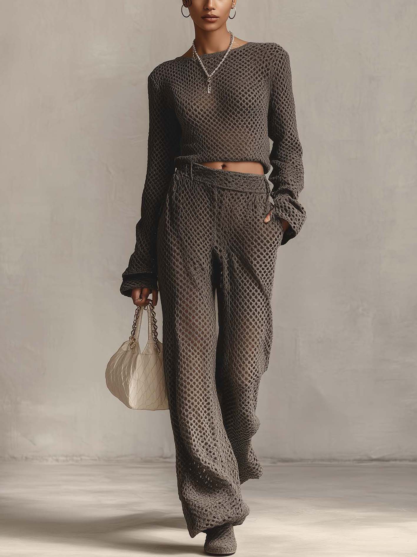Dark Gray Hollow Textured Knit Two‑Piece Set