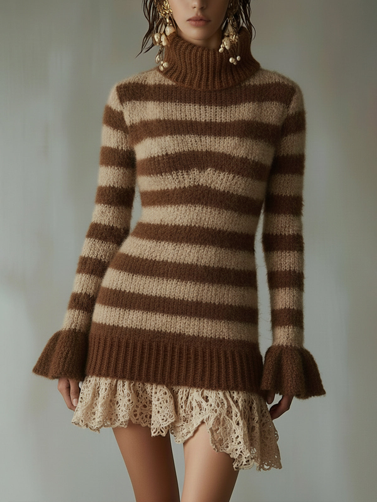 Brown Striped Knit Dress With Lace Ruffle Details