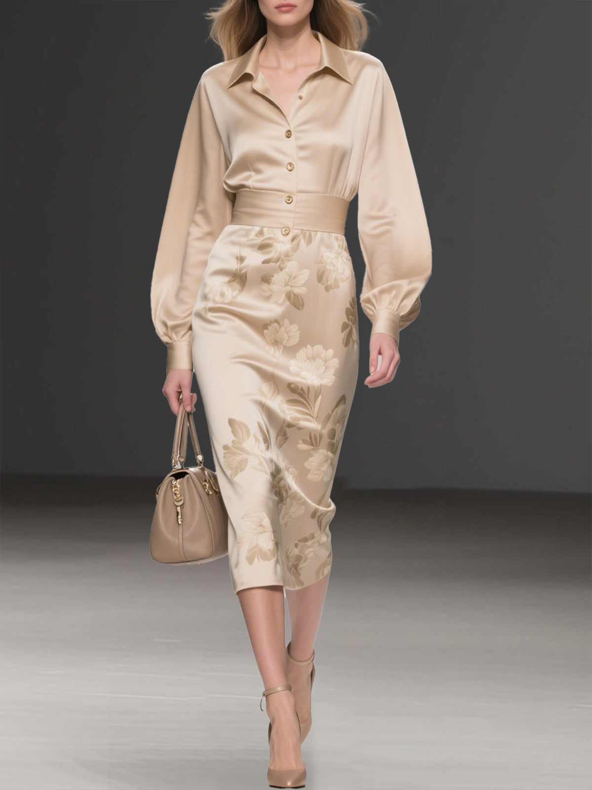 Champagne Satin Shirt Dress With Floral Print
