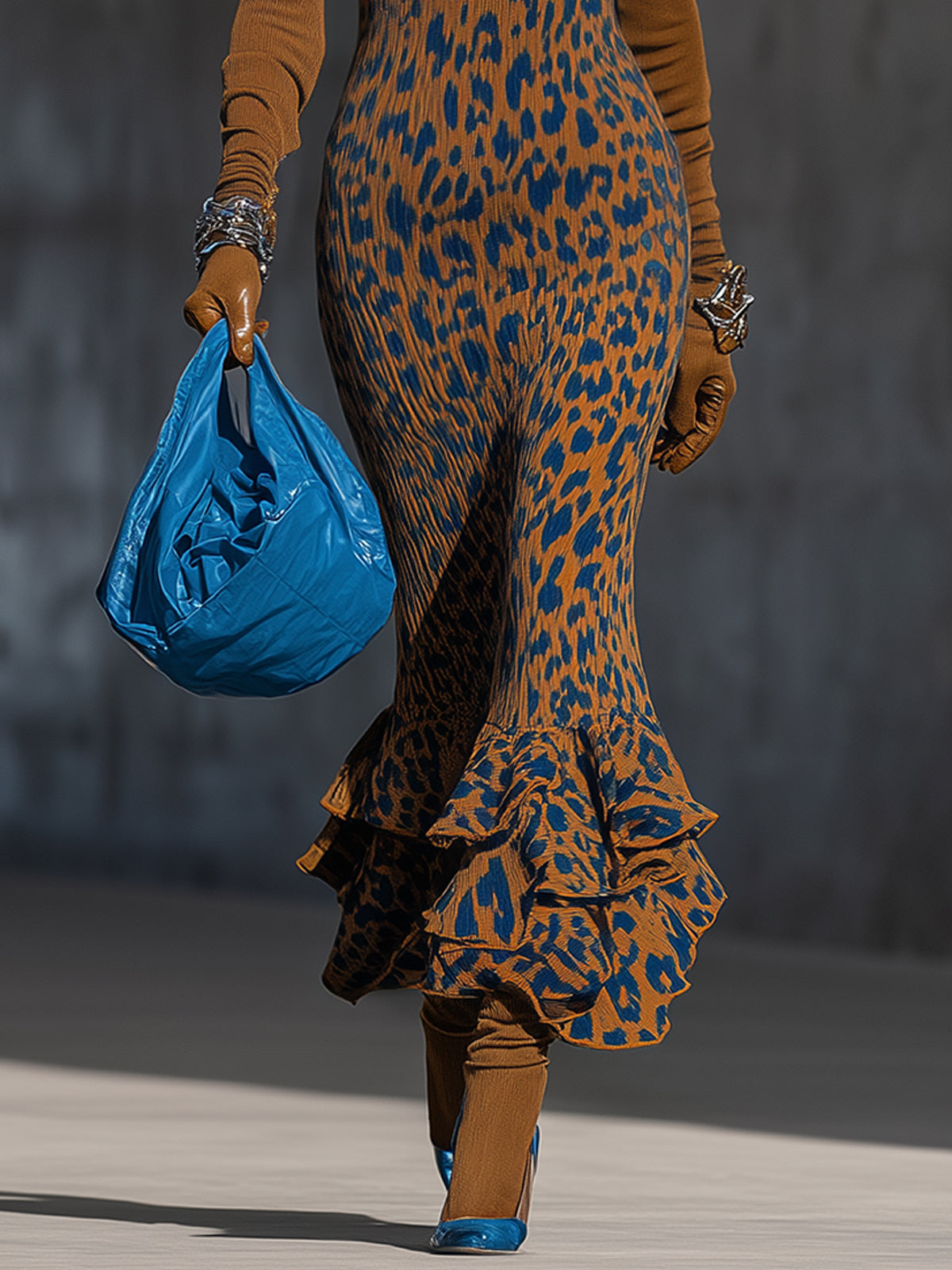 Blue And Brown Leopard Knit Ruffle Hem Maxi Dress
