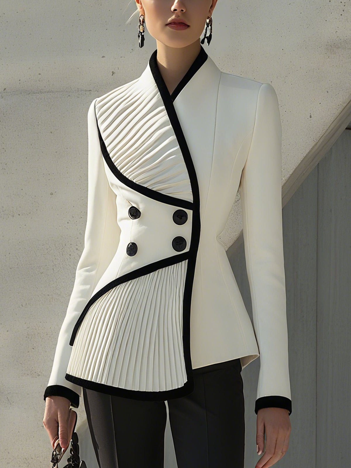 Asymmetric Pleated Contrast Blazer