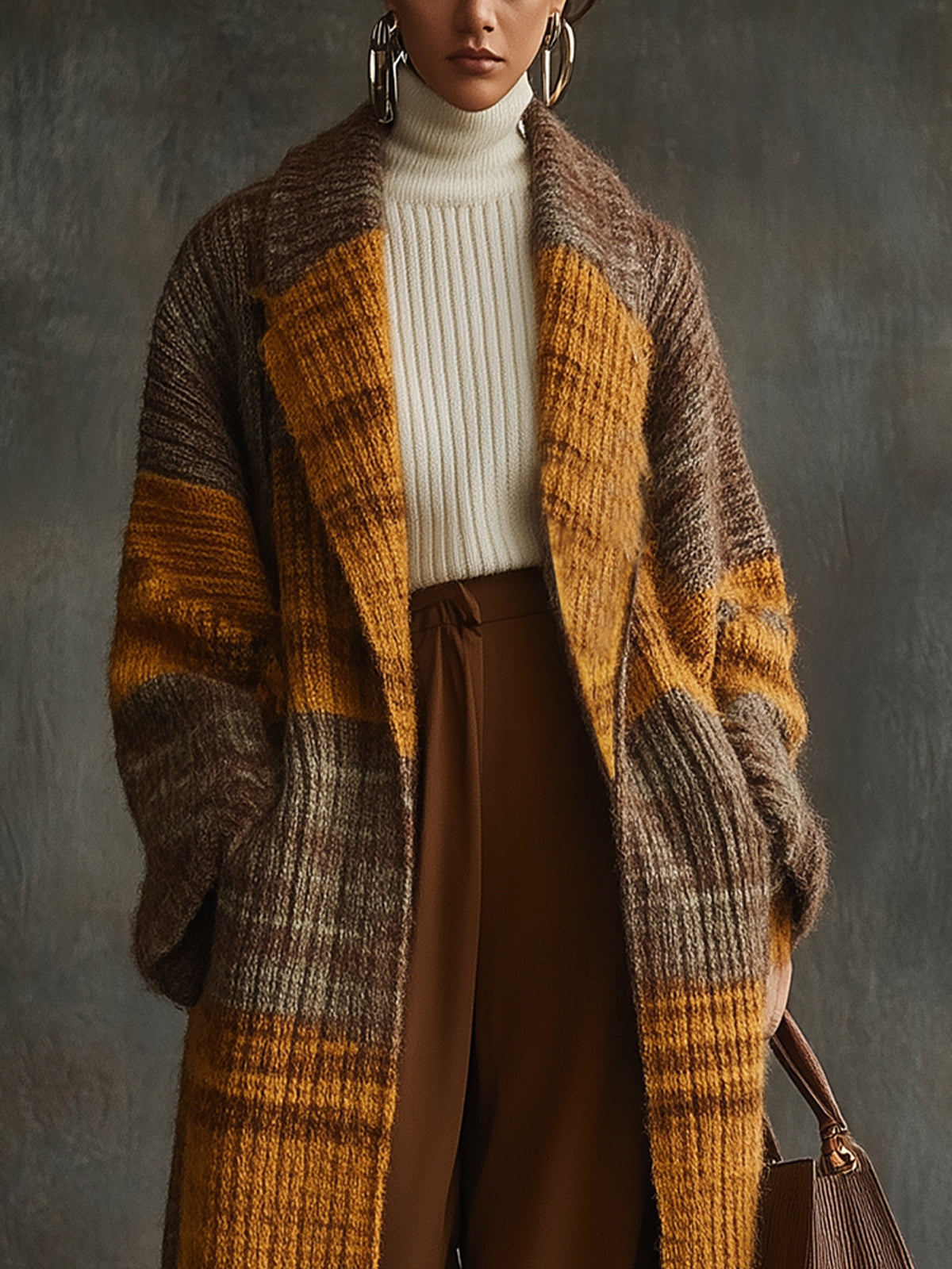 Colorblock Plaid Knitted Long Coat With Pockets