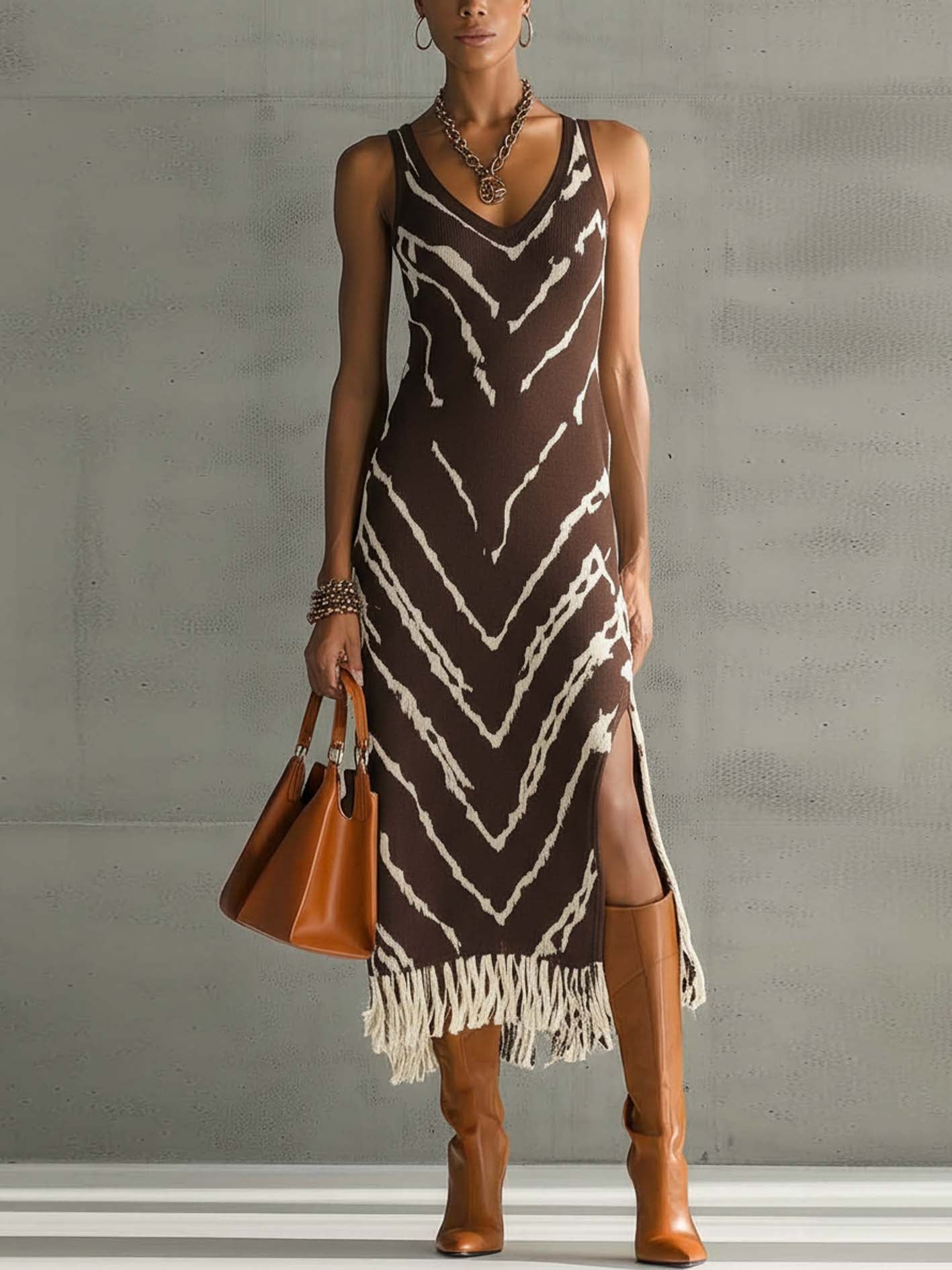 Brown Beige Abstract Zebra Knit Fringe Side Slit Maxi Dress
