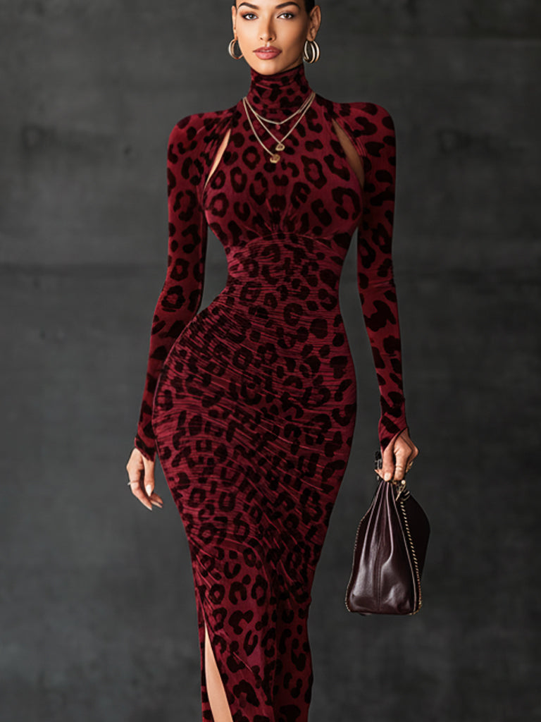 Burgundy Velvet Leopard Print Turtleneck Bodycon Dress