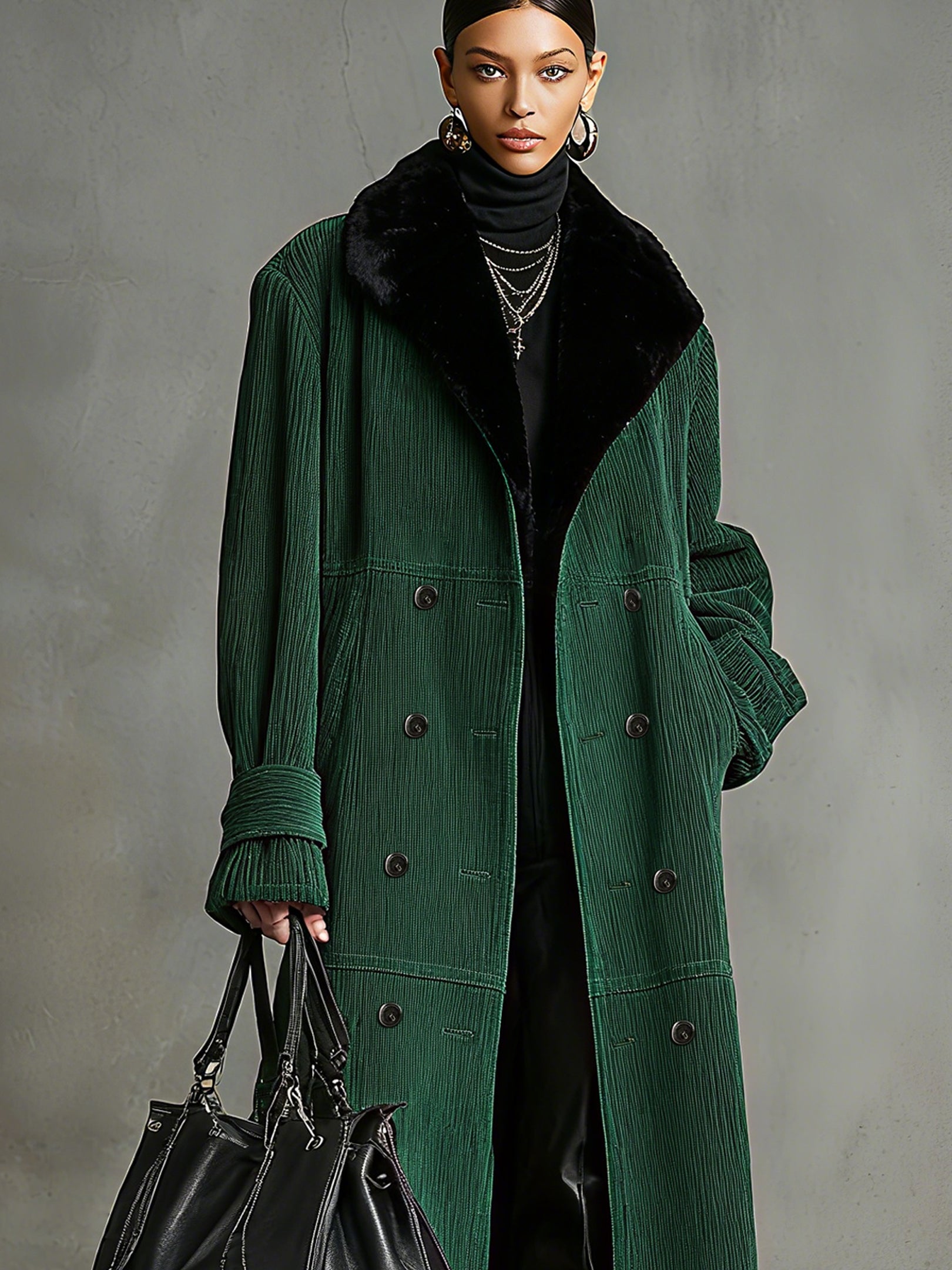 Green Washed Corduroy Coat With An Eco Friendly Faux Fur Collar