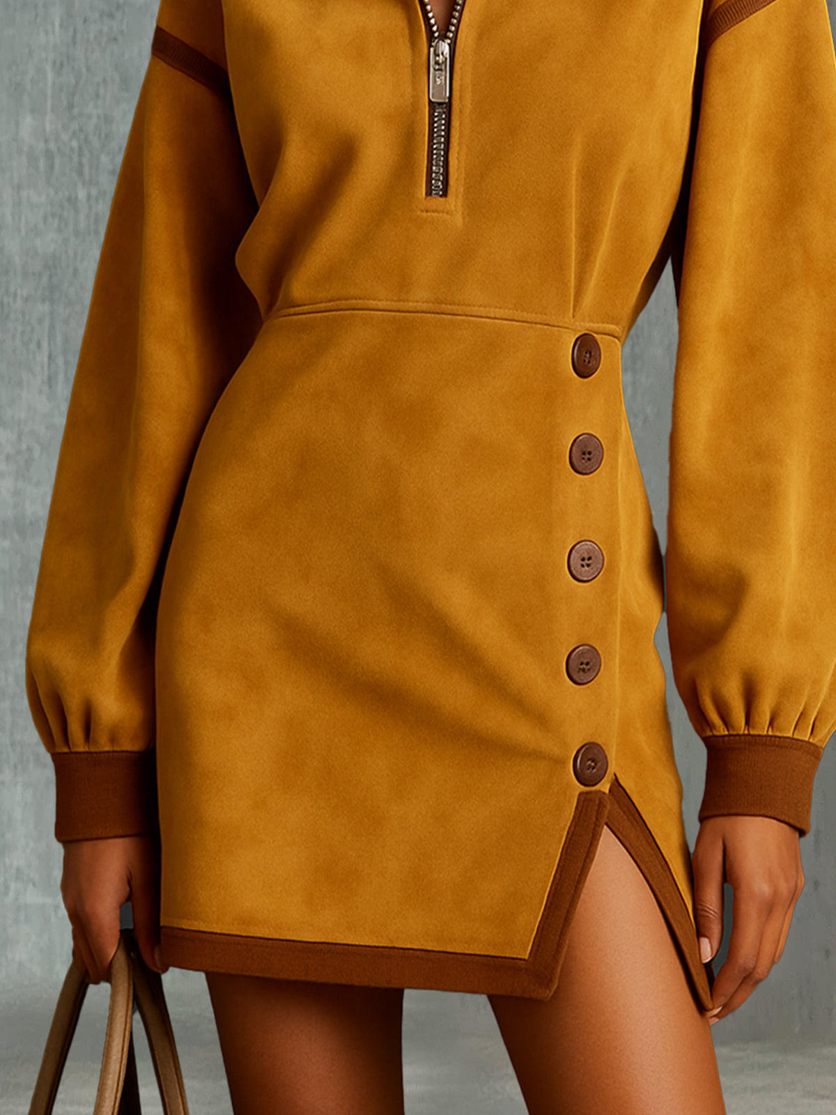 Yellow Faux Suede High-Neck Button Detail Mini Dress
