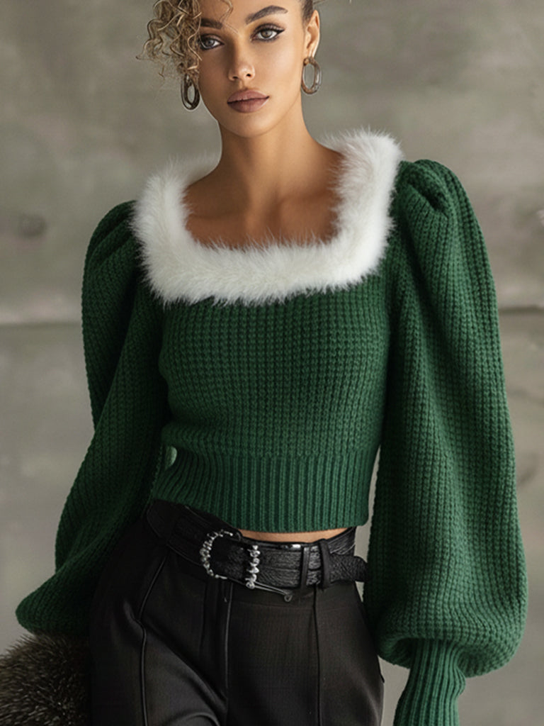 Green Festive Knit Lantern Sleeve Top