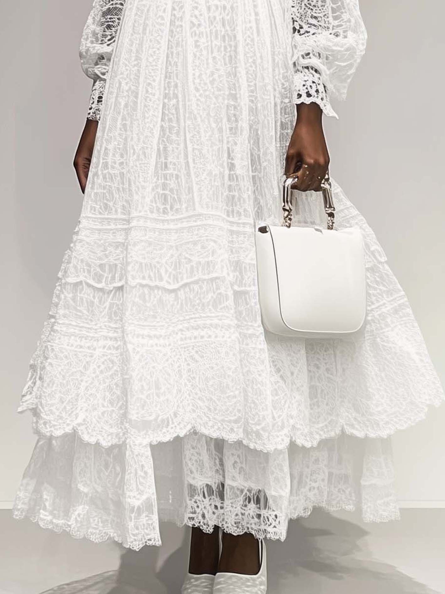White Lace Maxi Dress With Ruffled Bottom