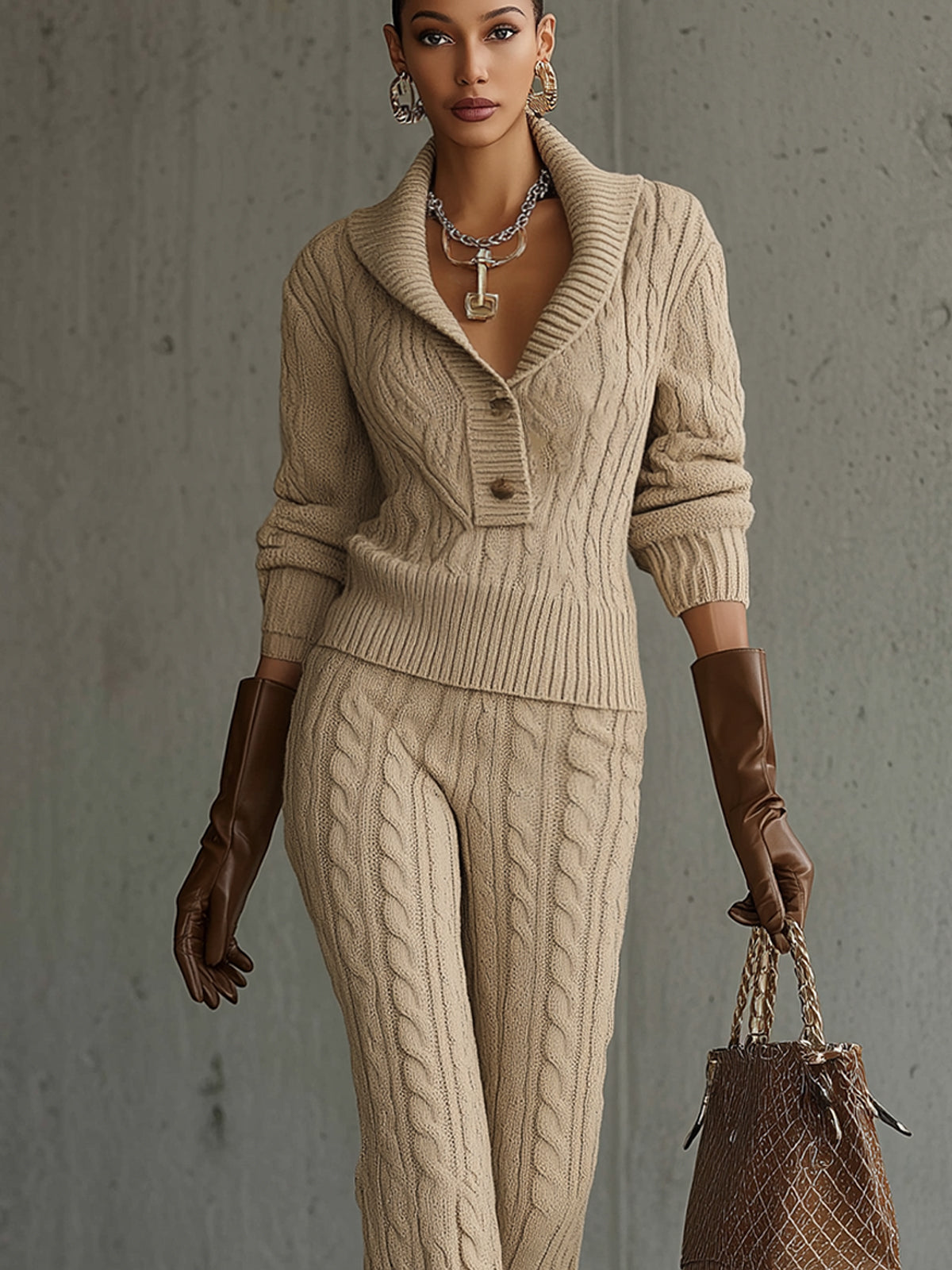 Camel Cable Knit Collared Sweater And Pants Set