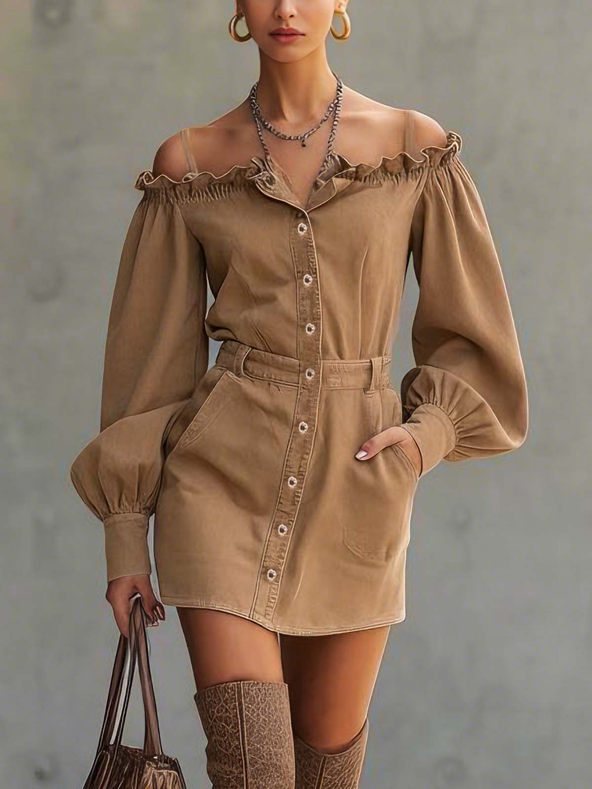 Camel Denim Off Shoulder Cardigan Mini Dress