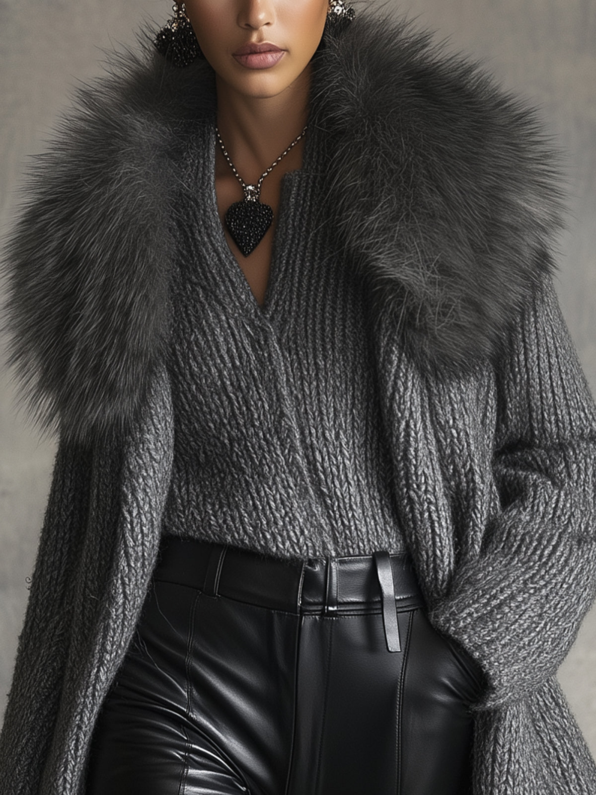 Gray Luxe Knit Cardigan With Faux Fur Collar