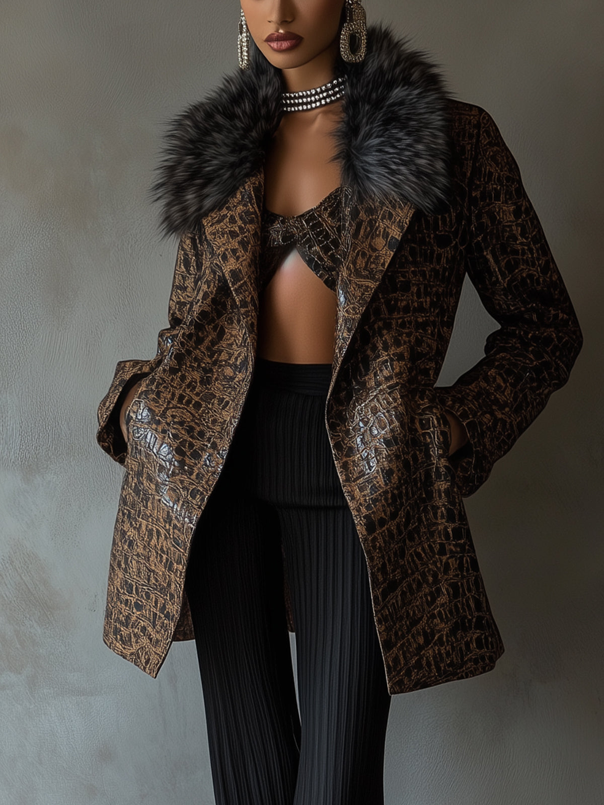 Brown Luxe Crocodile Embossed Faux Leather Coat