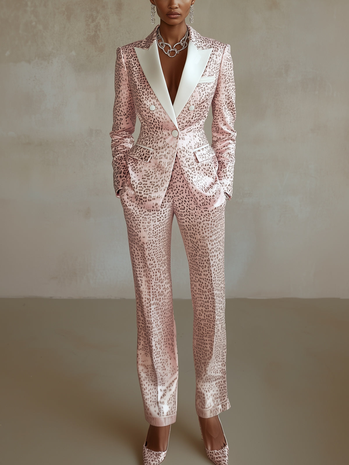 Pink Leopard Print Satin Shawl Collar Suit