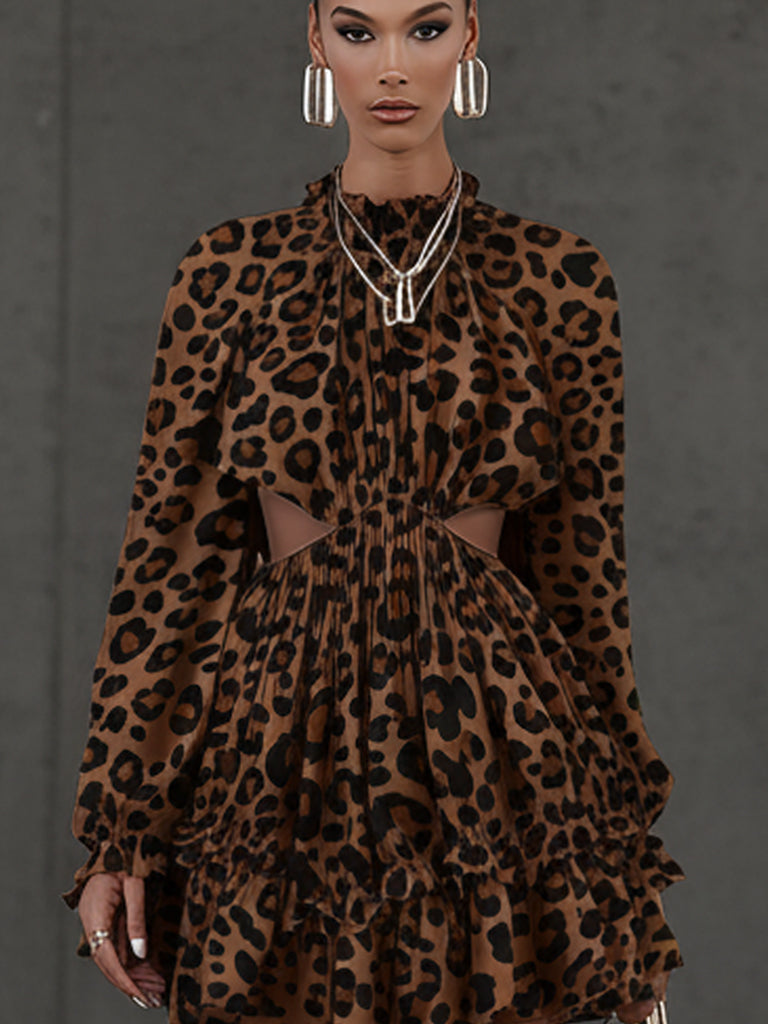 Brown Leopard Suede Ruffle Cutout Long Sleeve  Mini Dress