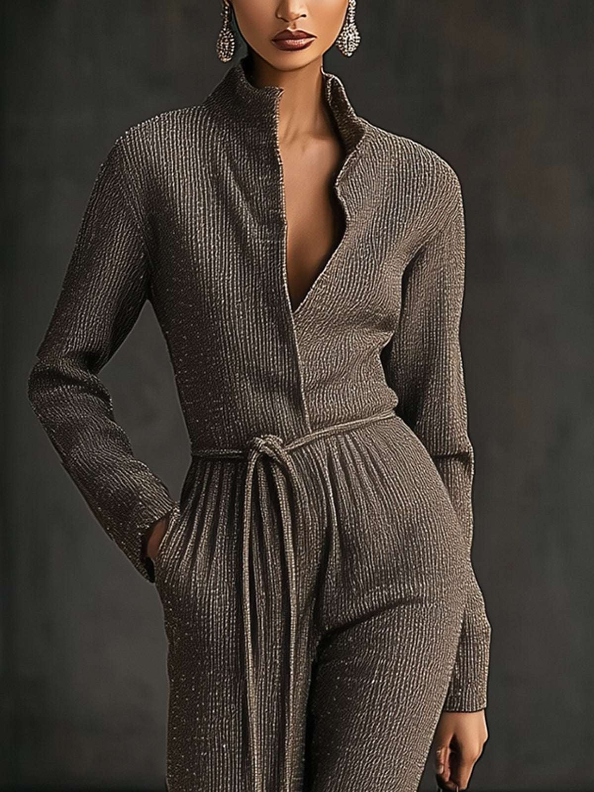 Gray Ribbed Knit Belted High Neck Jumpsuit
