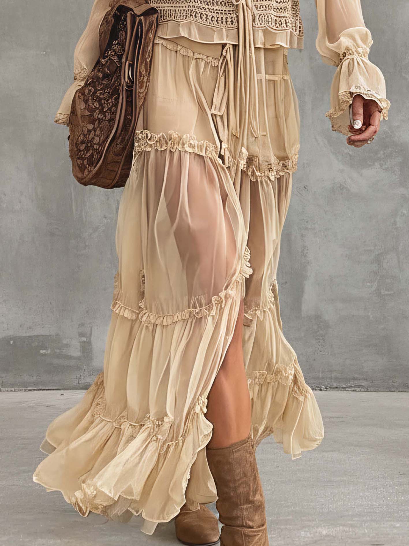 Beige Chiffon Ruffle Boho Long Sleeve Crop Blouse And High Waist Skirt Set