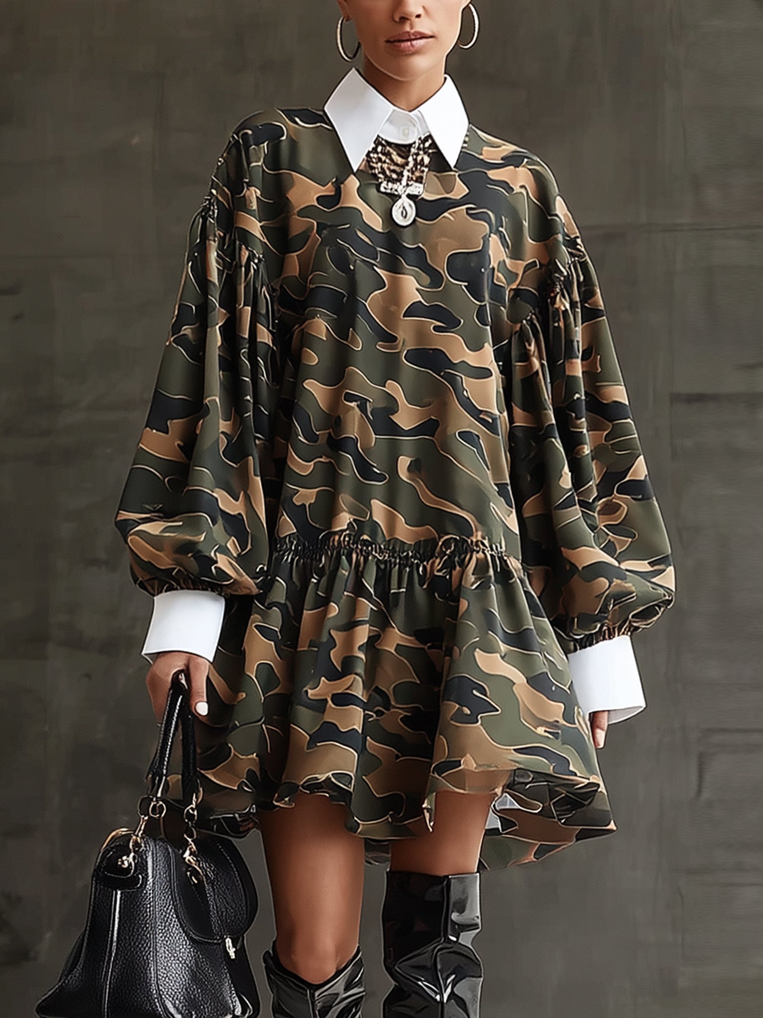 Olive Green Camouflage Puff Sleeve Ruffled Skater Dress With White Shirt Collar
