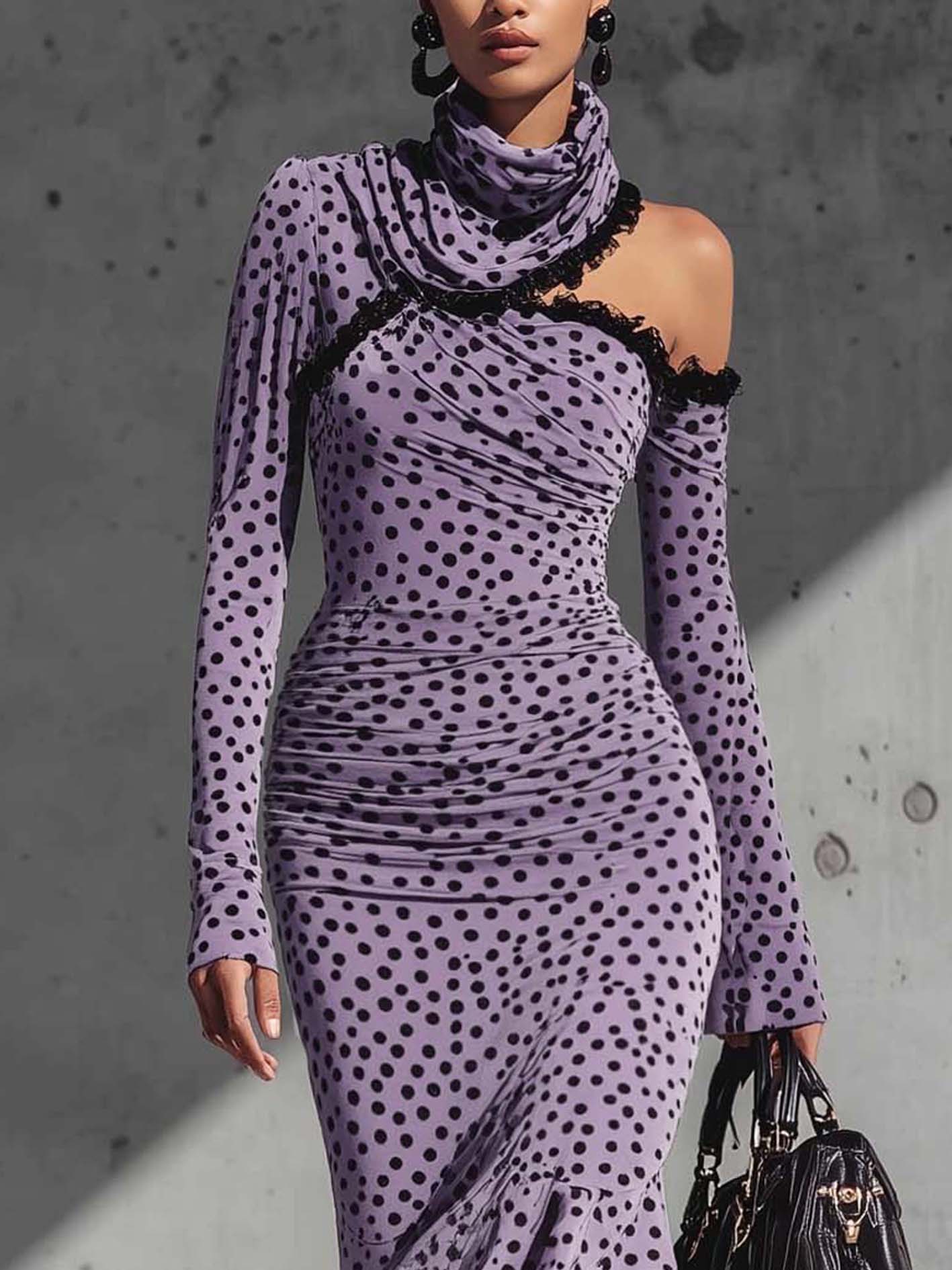 Purple Polka Dot Cold Shoulder Lace Trim Bodycon Dress