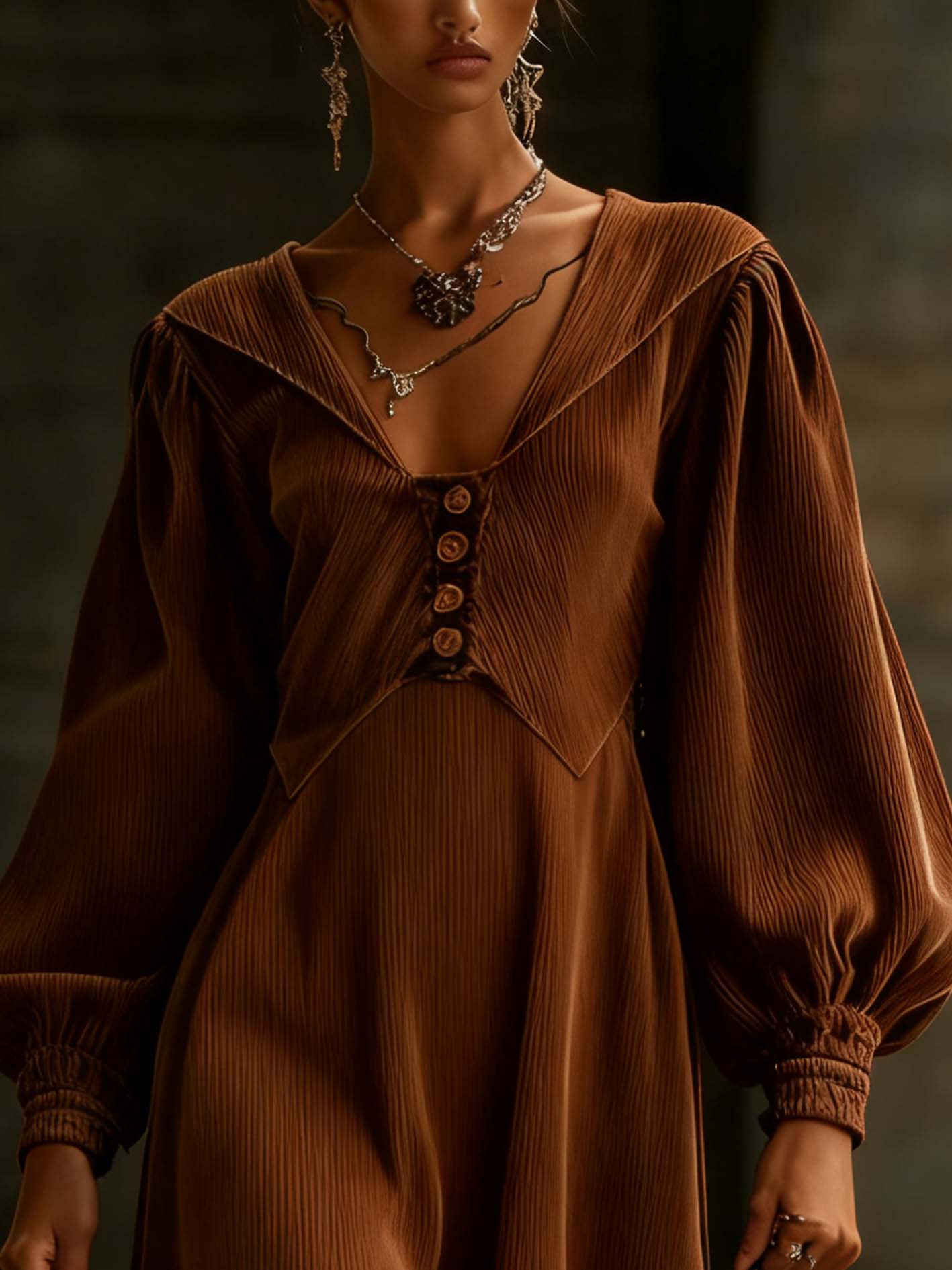 Brown Corduroy Mini Dress With Lace