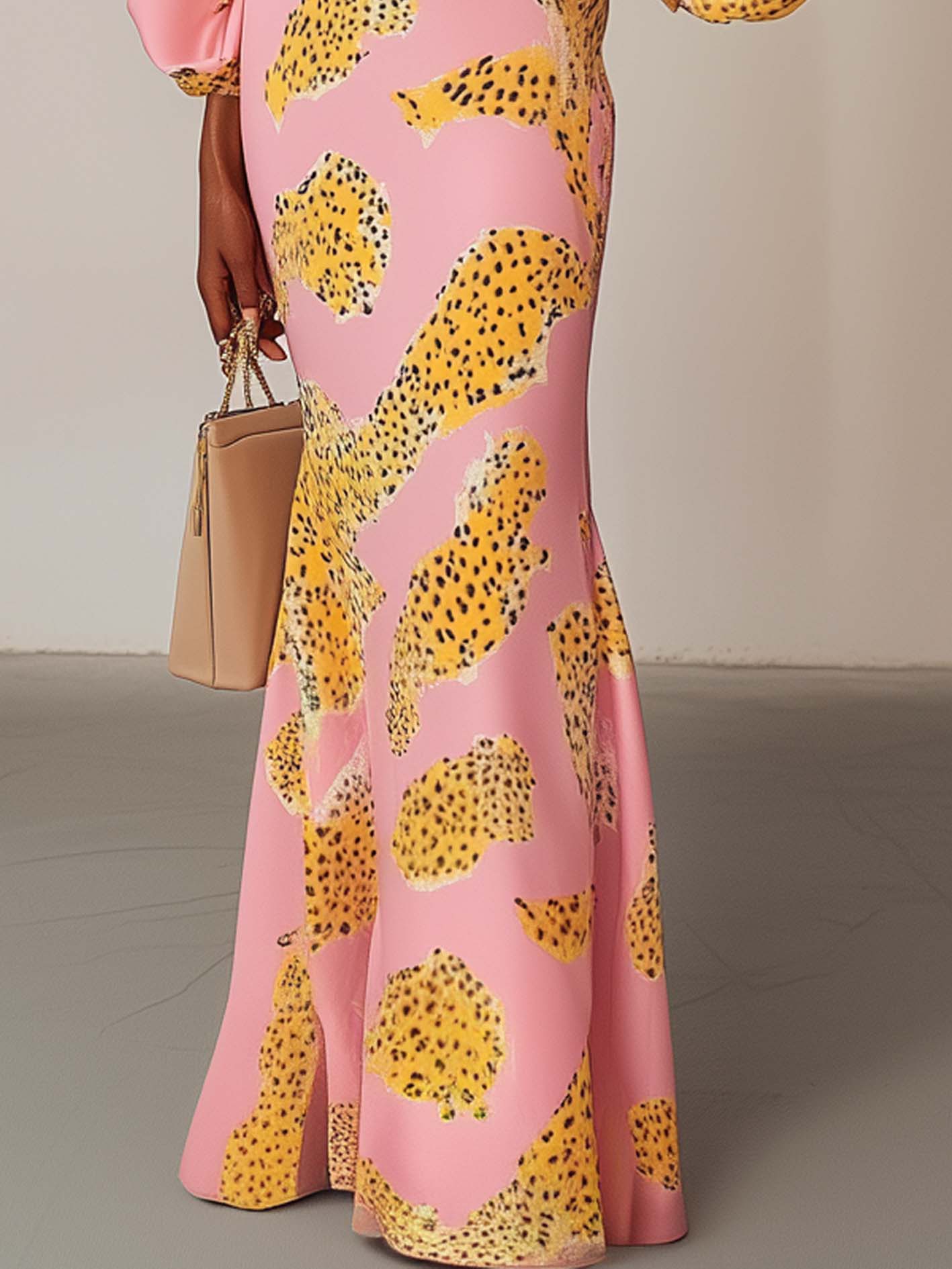 Pink Maxi Dress With Leopard Print Balloon Sleeves
