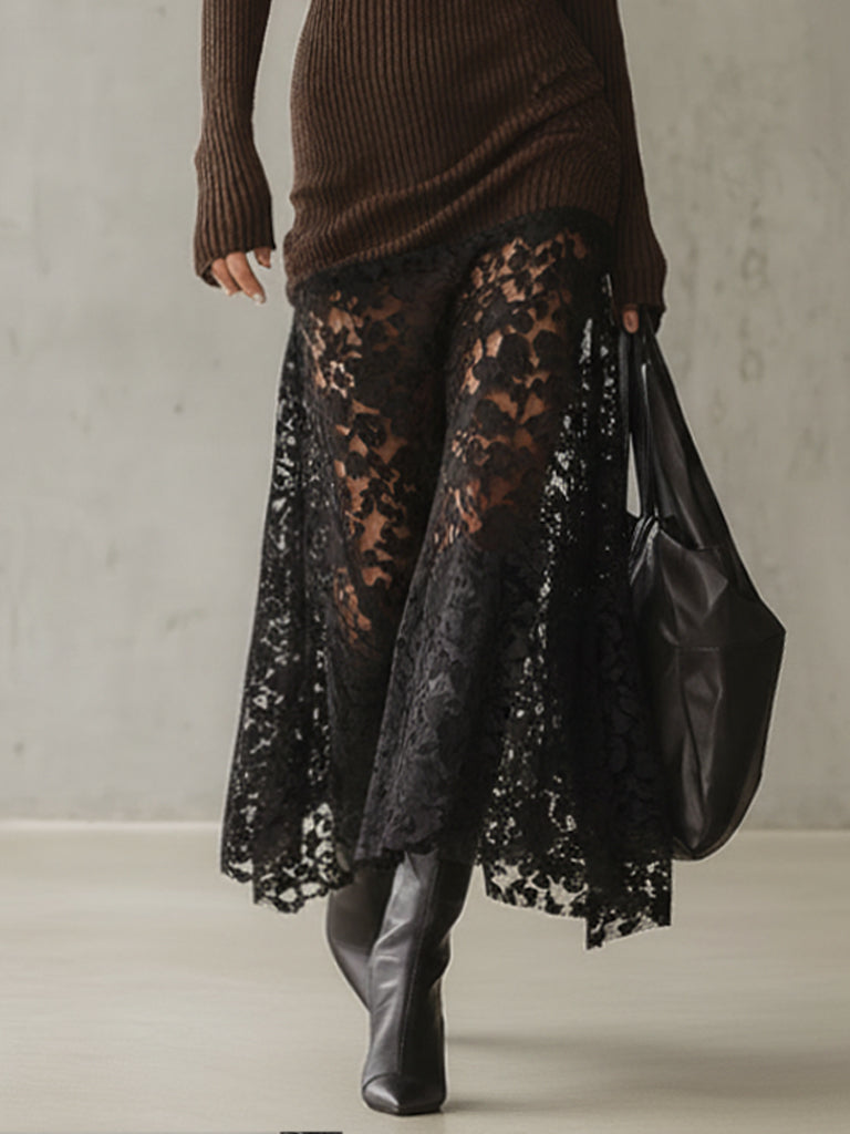 Coffee Knit One Shoulder Lace Maxi Dress With Brooch