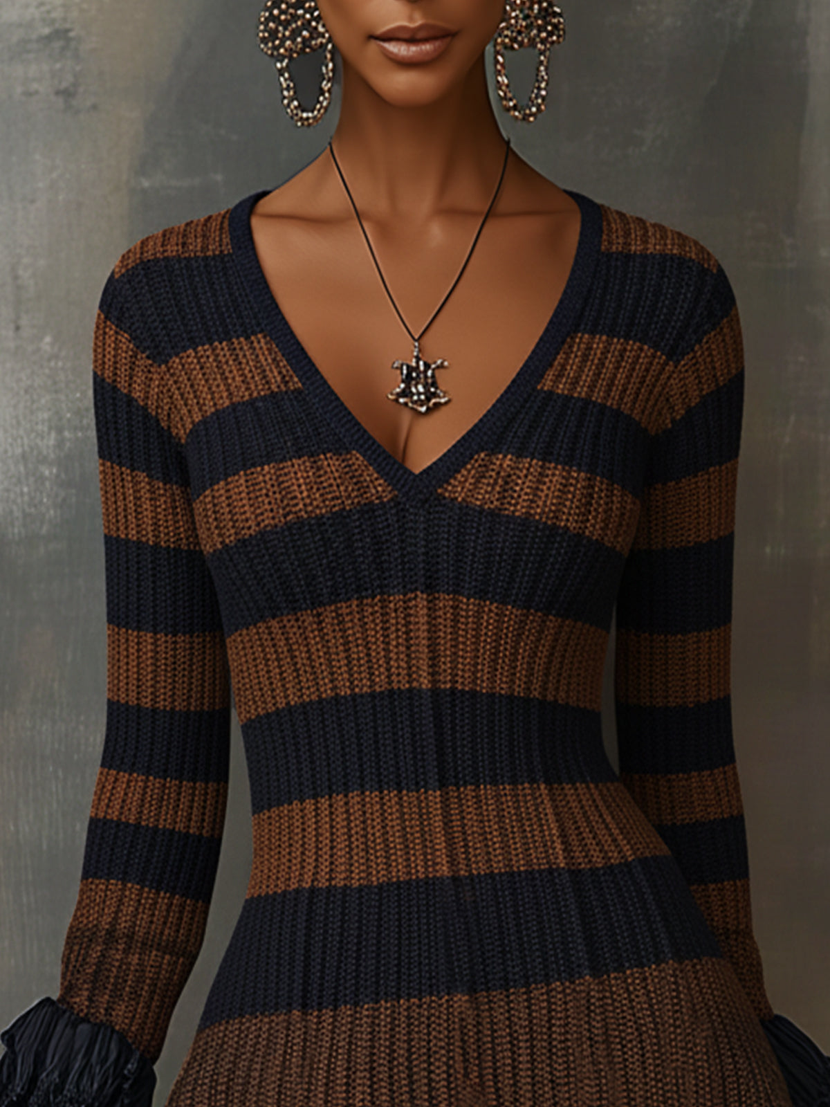 Brown Striped Elegance V-Neck Knit Dress
