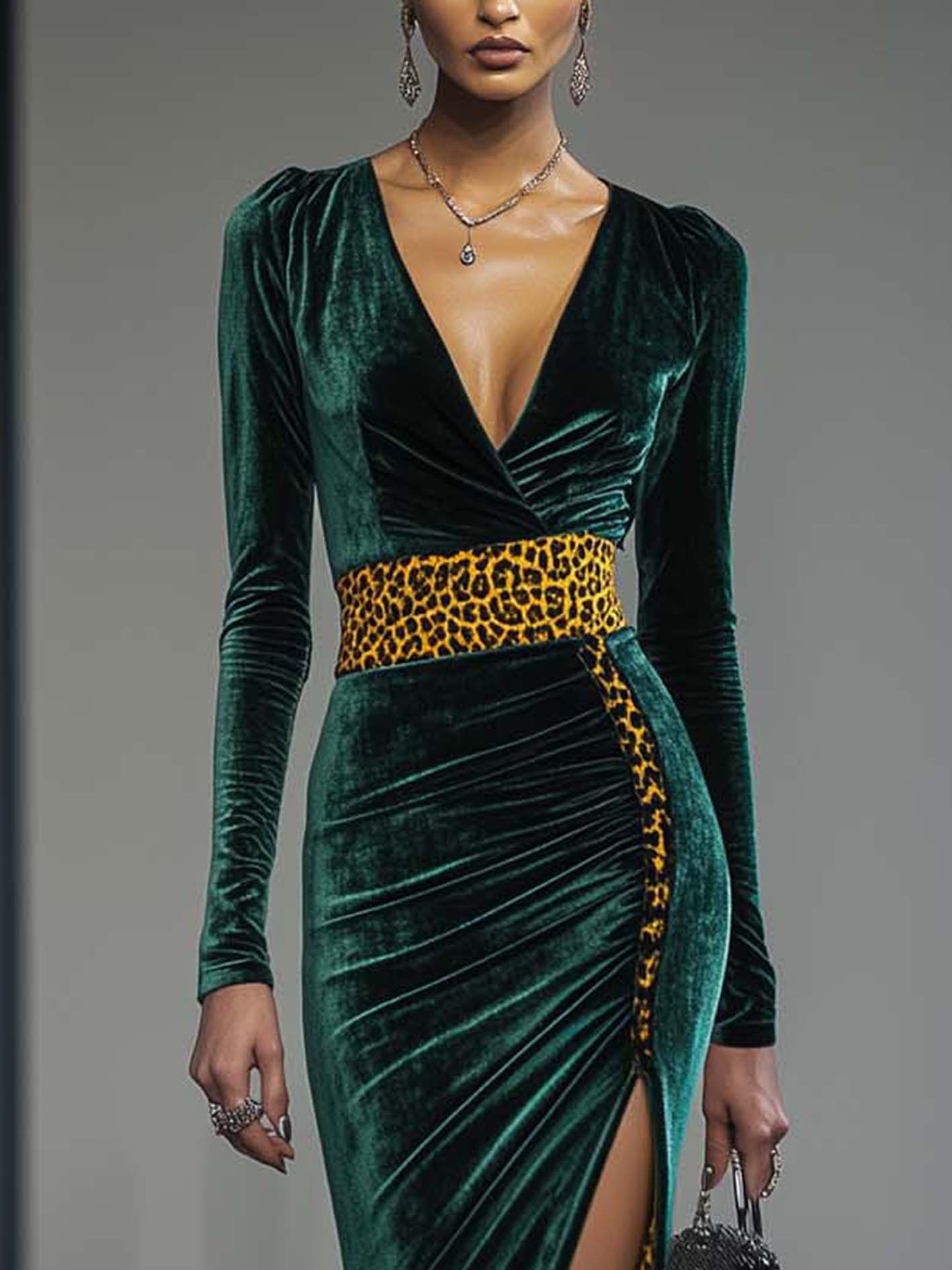 Dark Green Velvet Front Slit Bodycon Dress With Yellow Leopard Print
