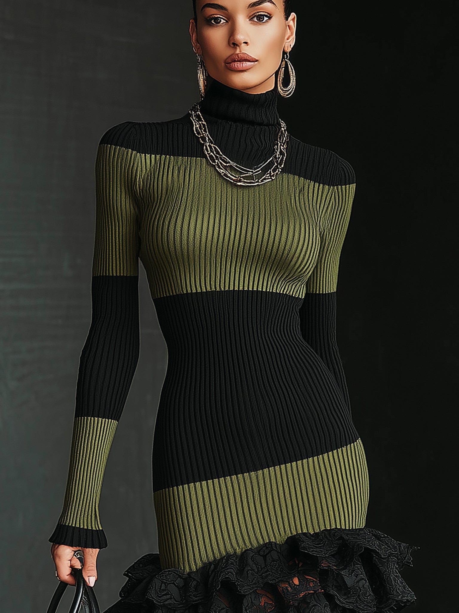 Olive Green And Black Rib Knit High Neck Ruffle Hem Mini Dress