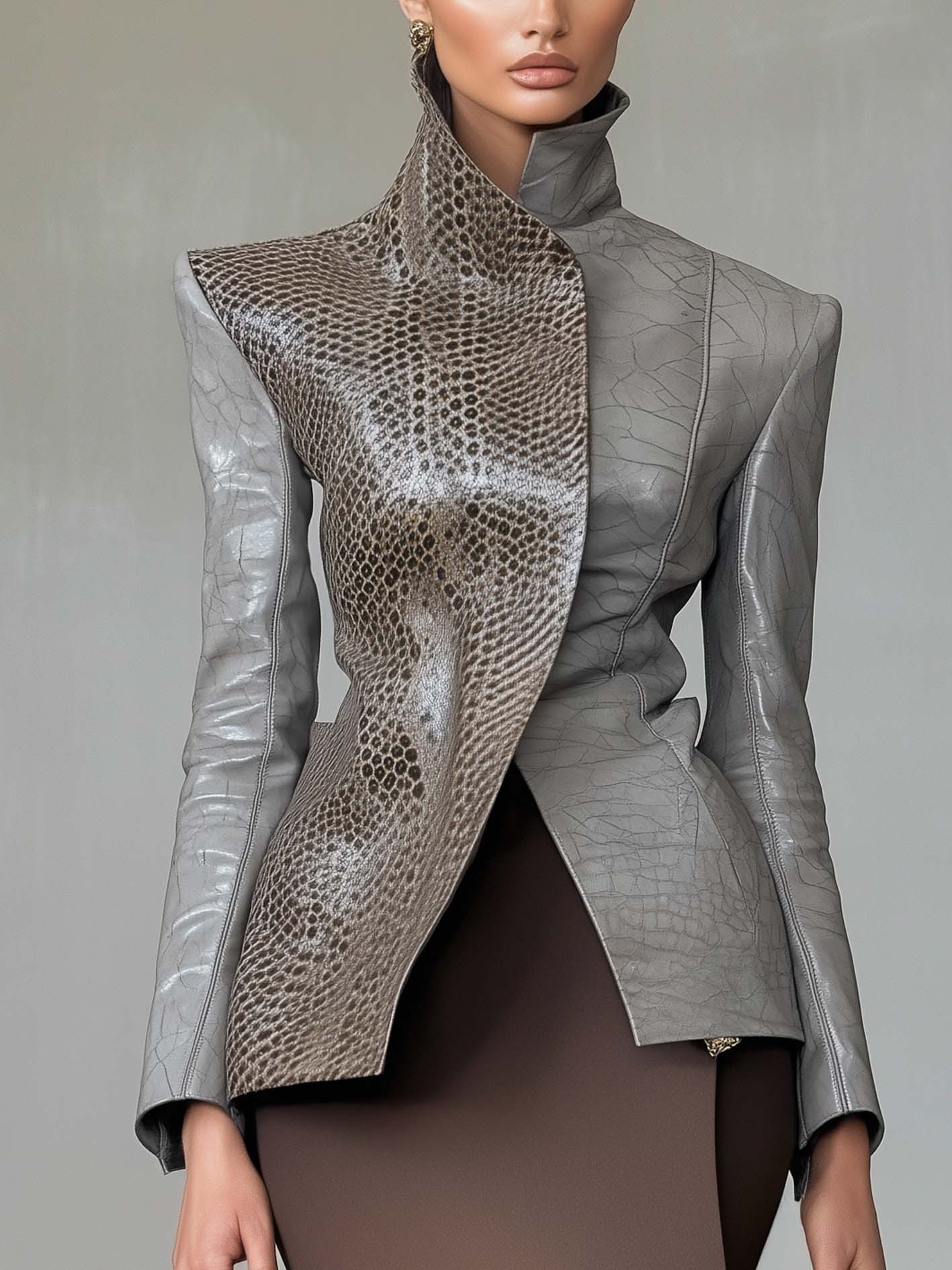 Gray Faux Leather Jacket With Stand-up Collar