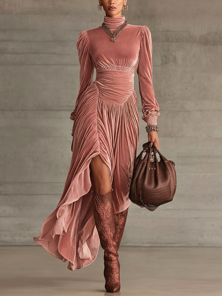 Pink Velvet Ruched Asymmetric Hem Long Sleeve Maxi Dress