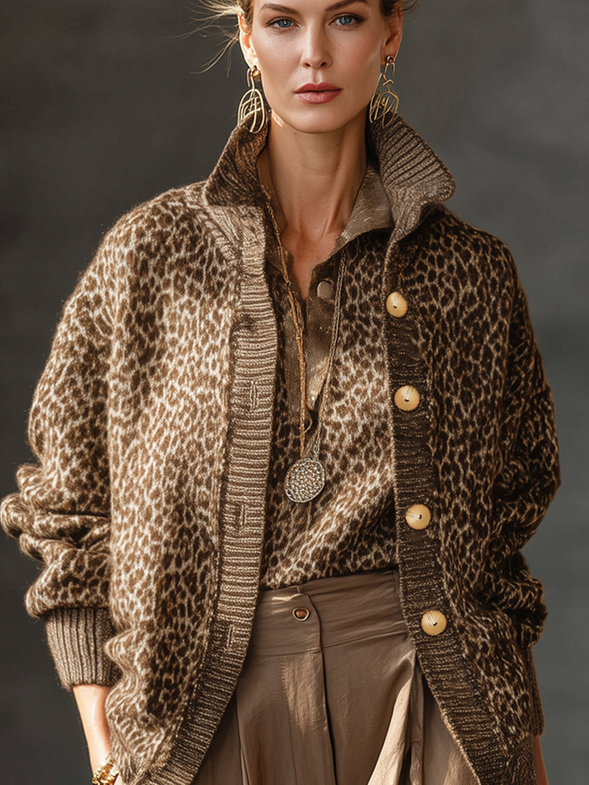 Chocolate Leopard Print Knit Lapel Button Down Cardigan