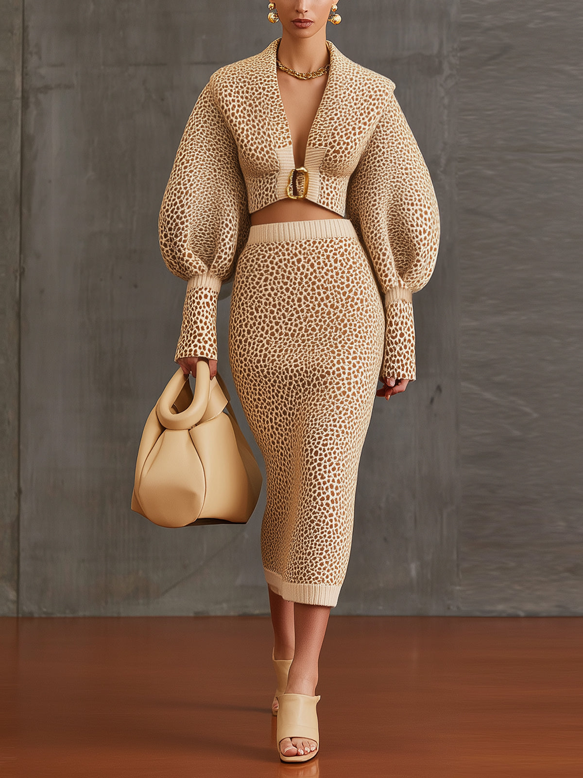 Cream Leopard Wool Blend Cropped Jacket And Midi Skirt Set