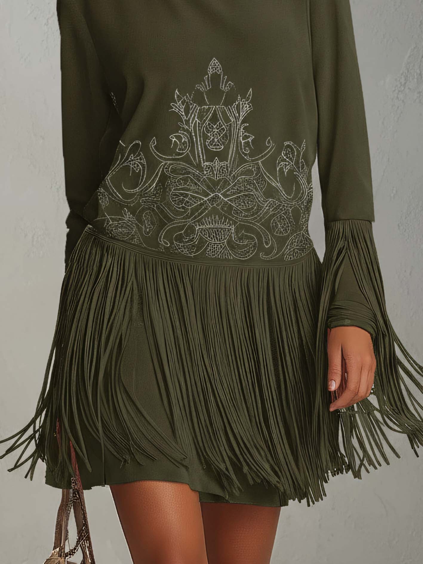Olive Green Faux Suede Fringe Mini Dress With Vintage Embroidery