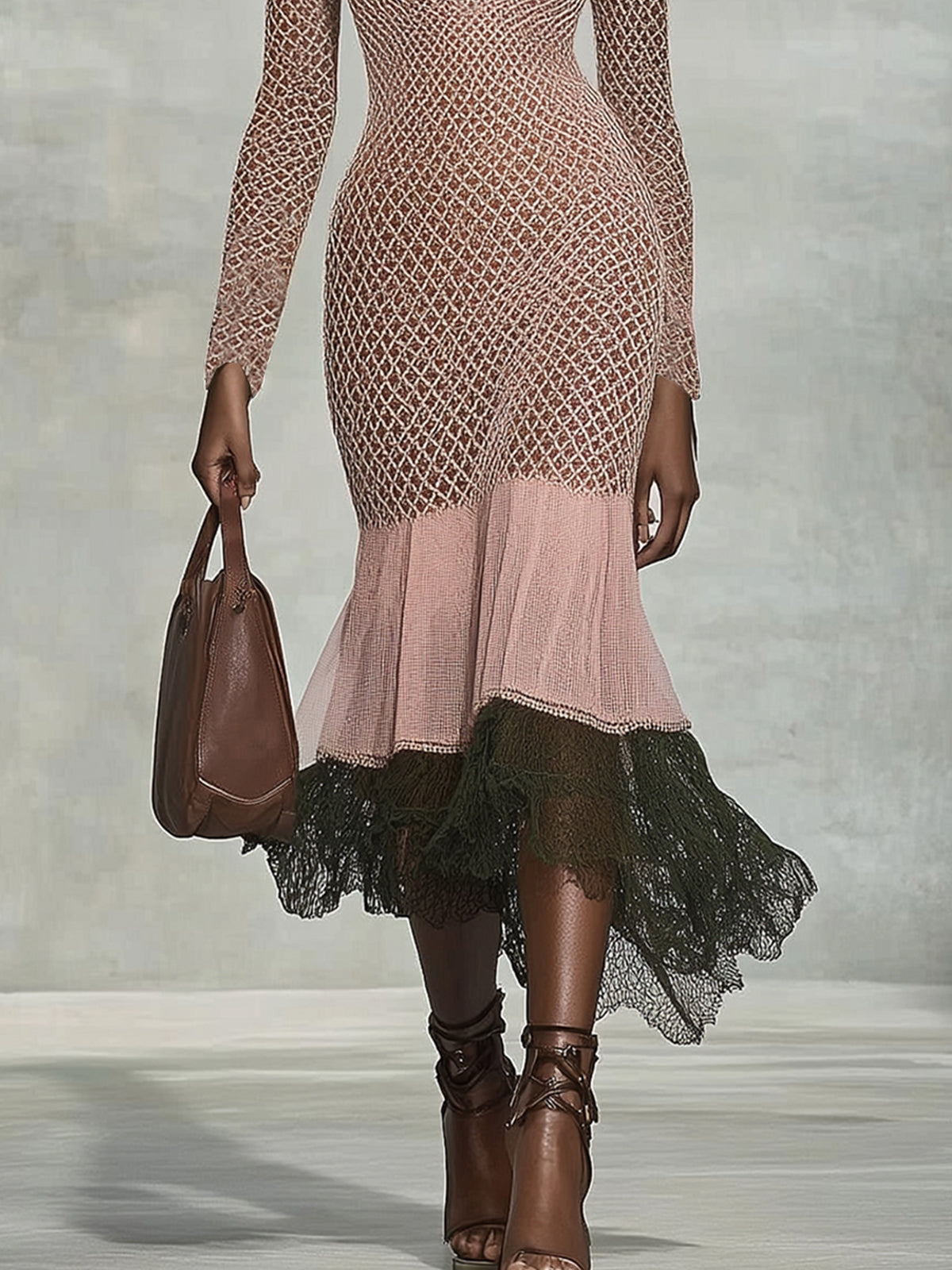 Pink Enchanting Mesh Knit Midi Dress With Lined