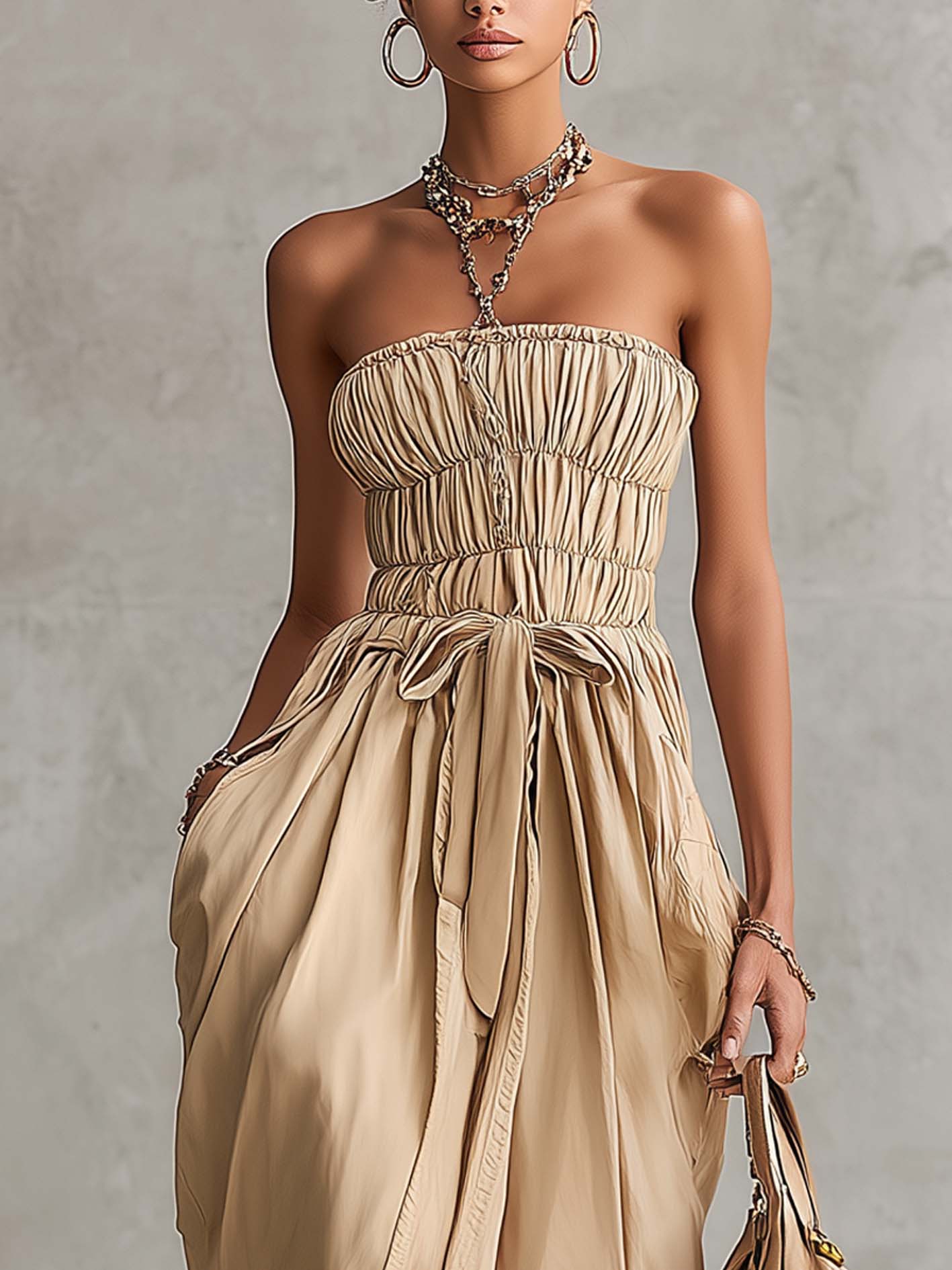 Khaki Off Shoulder Cotton Linen Maxi Dress With Front Slit