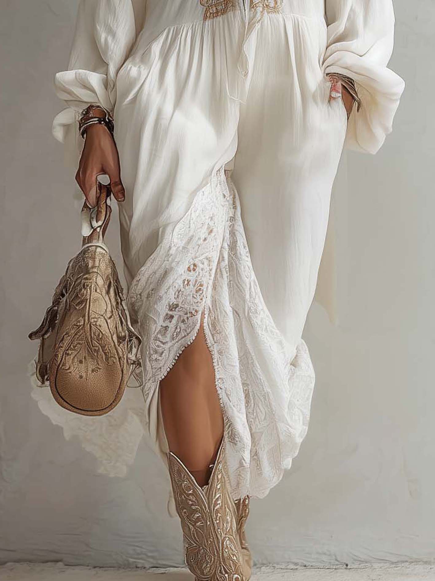 White Cotton Linen Embroidered Chiffon Patchwork Lace Hem Midi Dress