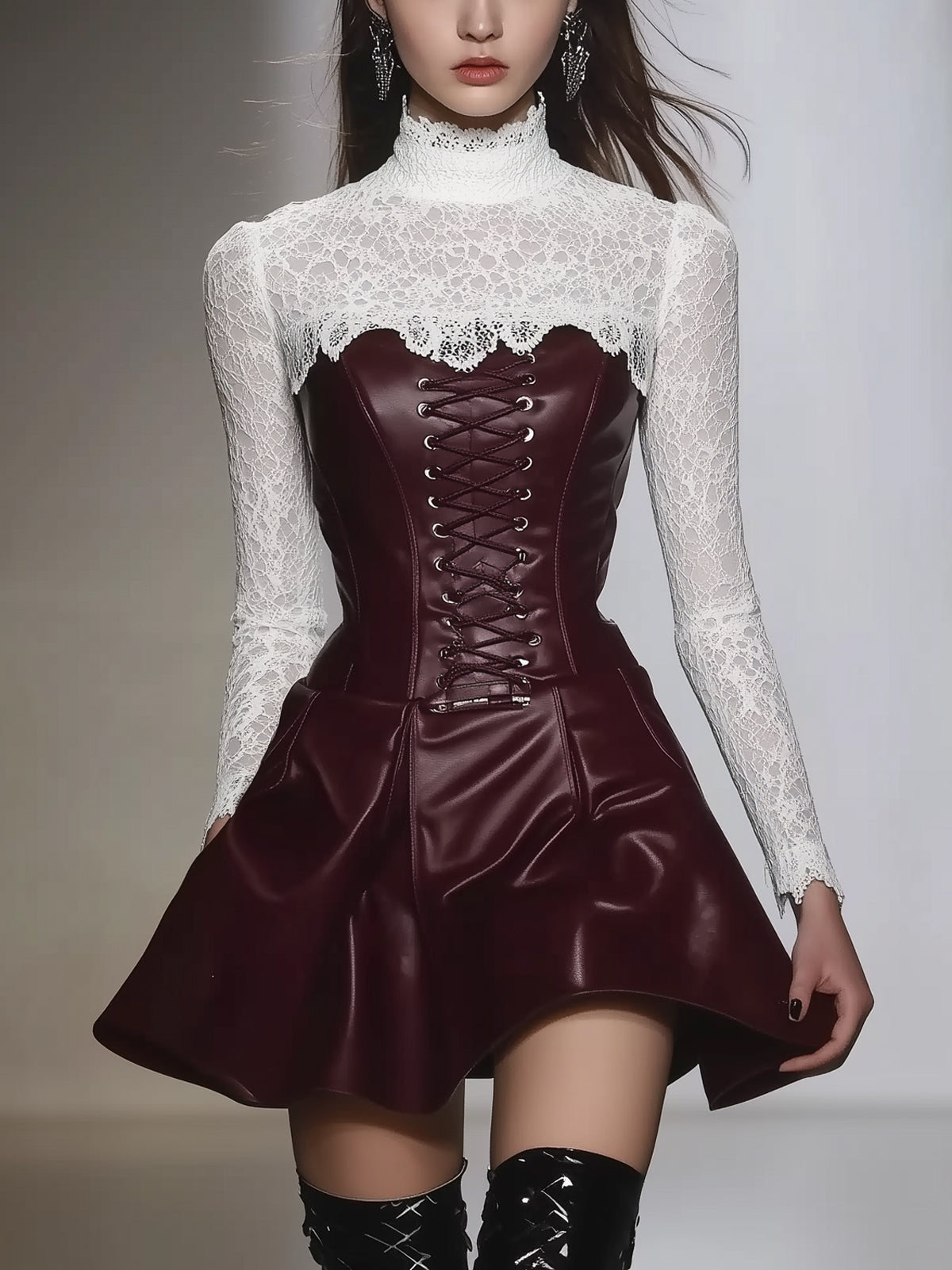 Red Faux Leather Fitted And Flared High Neck Long Sleeve Mini Dress