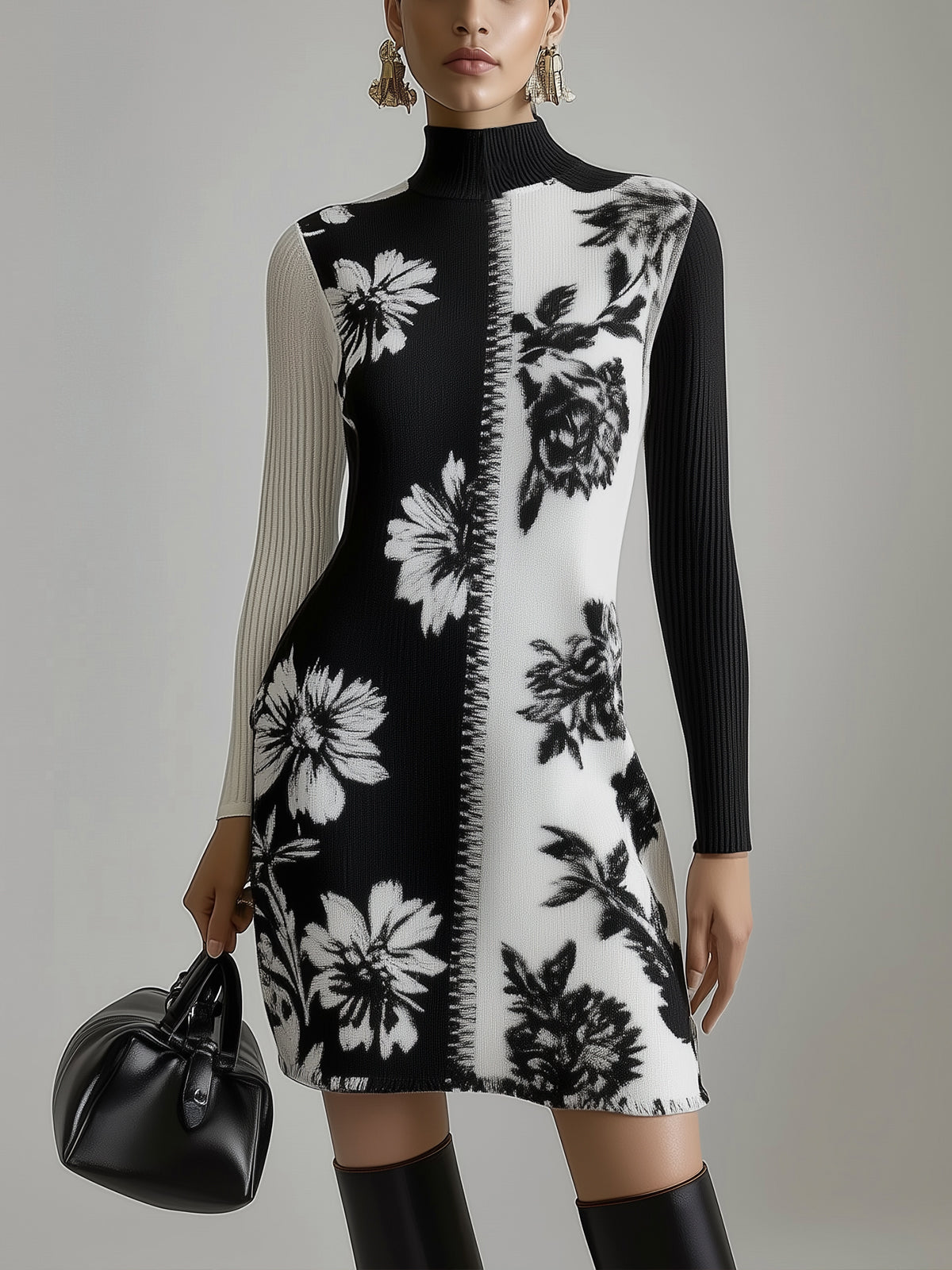 Black And White Floral Contrast Ribbed Knit Dress