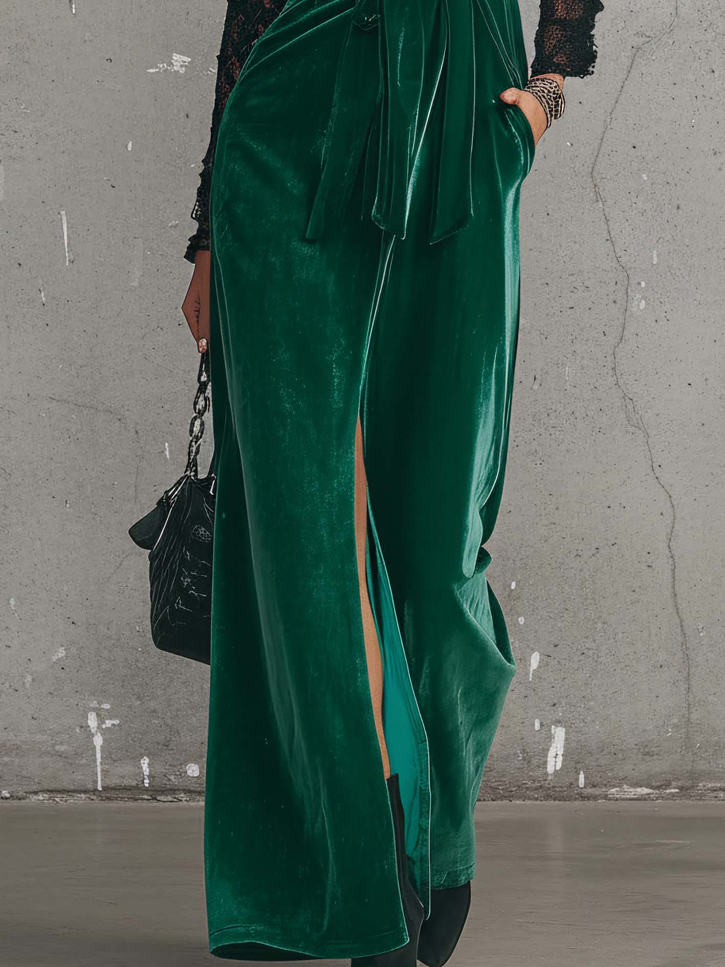 Emerald Green Velvet Lace Patchwork Maxi Dress With Front Slit