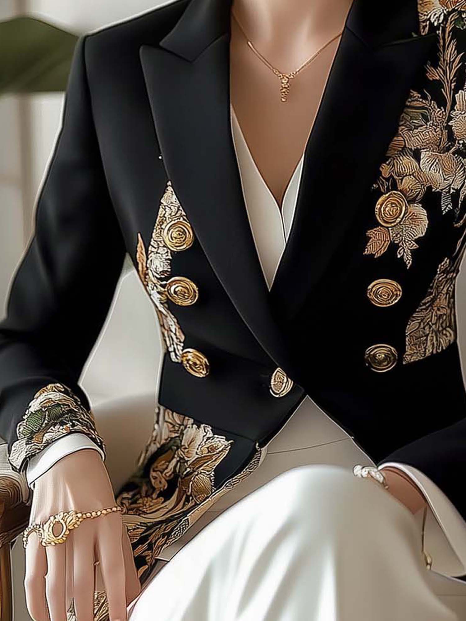 Black Blazer With Vintage Floral Pattern And Double-breasted Buttons
